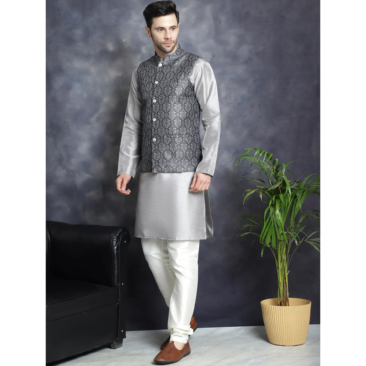 Jompers Men's Charcoal Printed Nehru Jacket With Kurta Pyjama Set (Charcoal, Xxl)