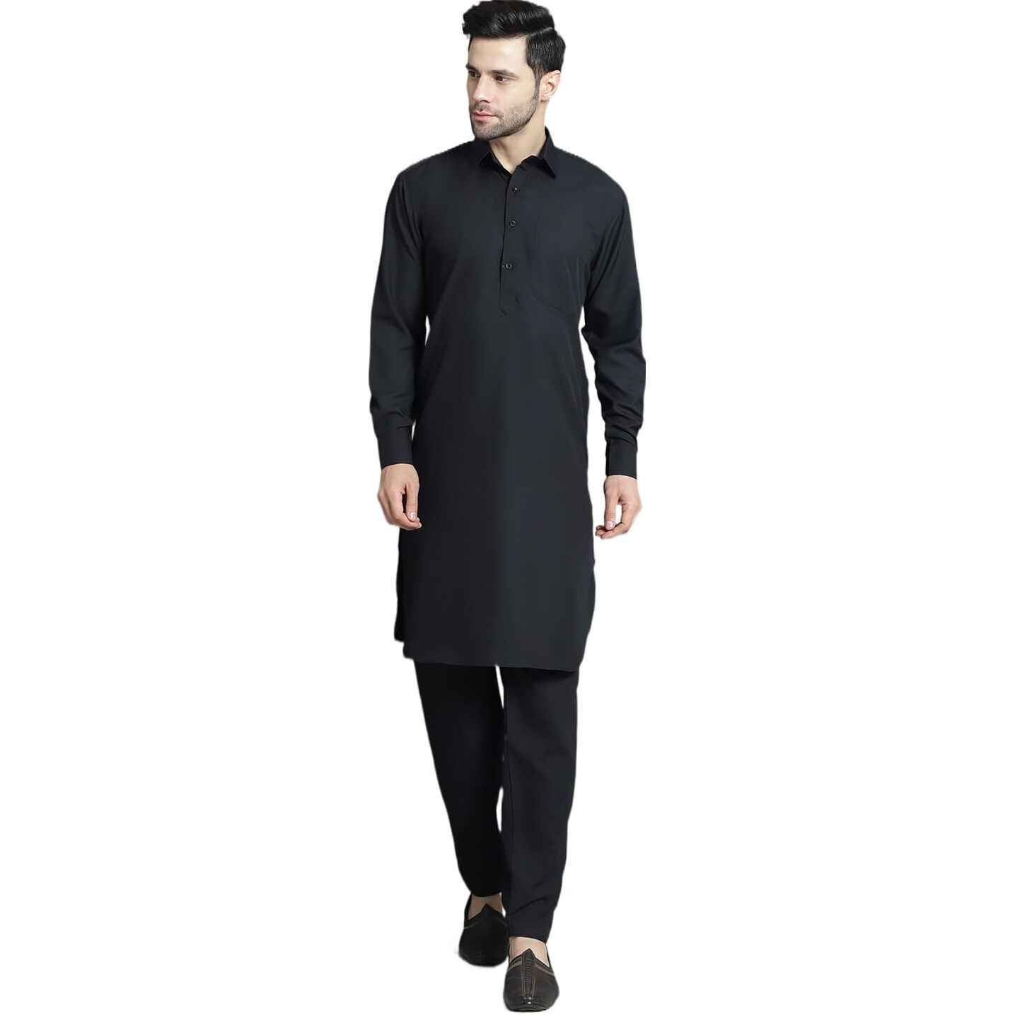 Jompers Men's Black Solid Pathani Kurta With Salwar (Black, S)