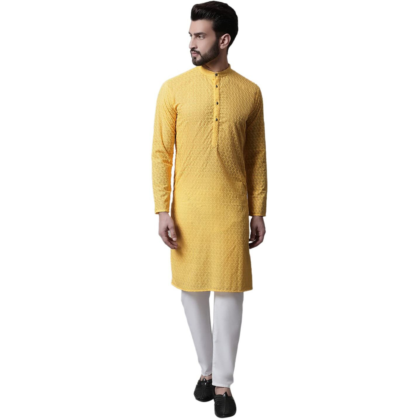 Jompers Men Yellow And White Embroidered Kurta With Churidar (Yellow, L)