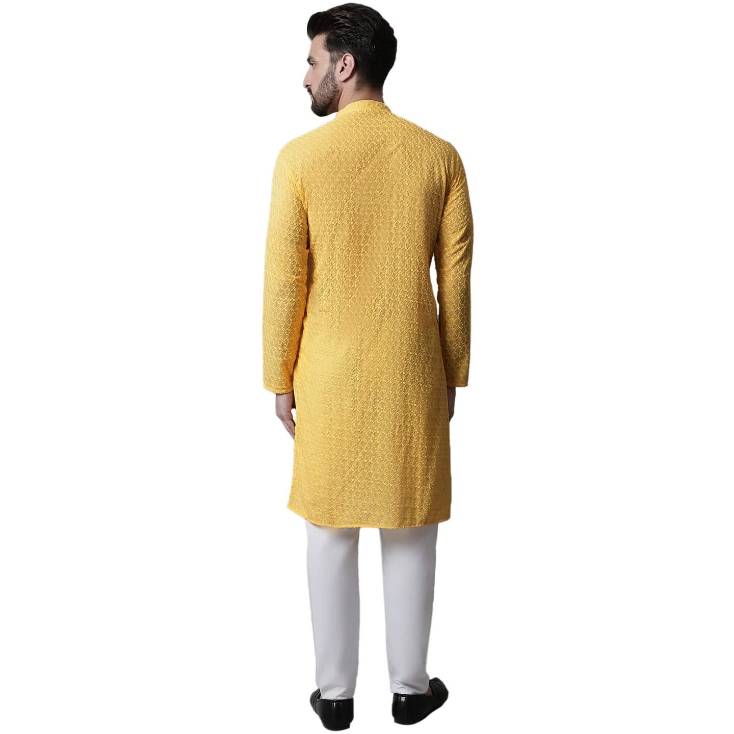 Jompers Men Yellow And White Embroidered Kurta With Churidar (Yellow, L)