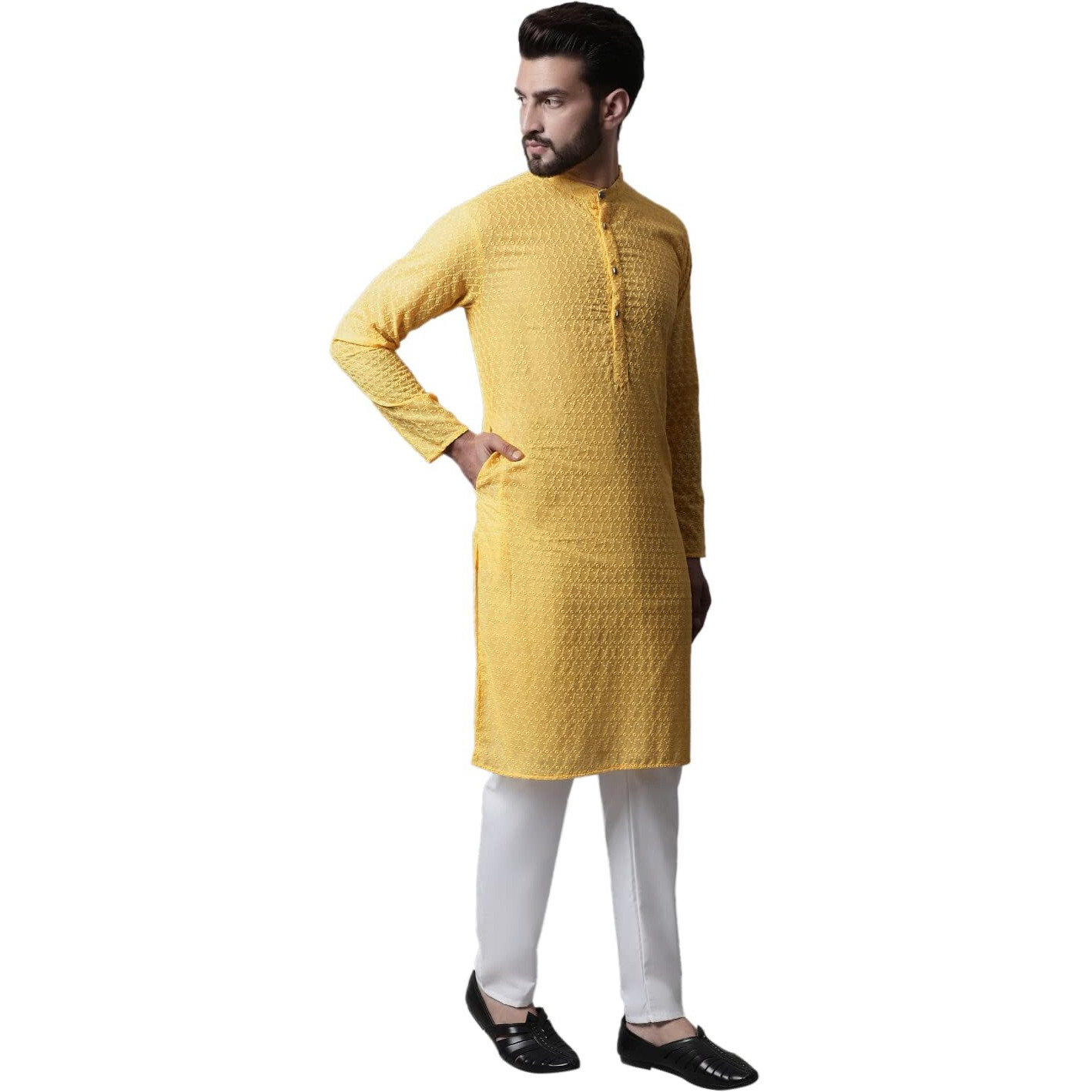 Jompers Men Yellow And White Embroidered Kurta With Churidar (Yellow, L)