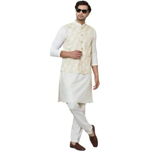 See Designs Men's Yellow Embroidered Nehru Jacket With Gota Work And Solid Kurta-Pyjama (3 Piece Set) - Sdnj262901M