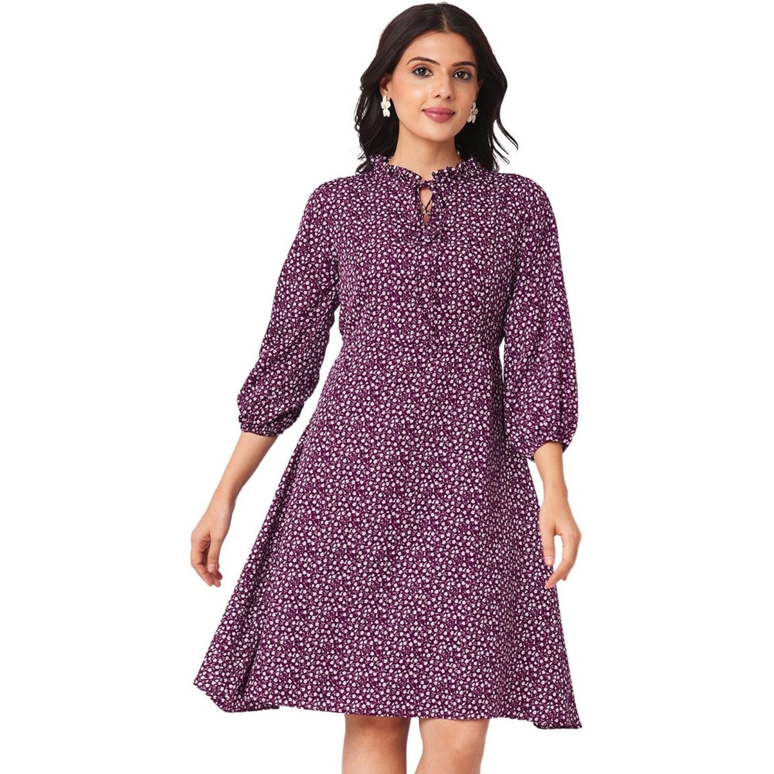Selvia Western Dress For Women|Crepe Dress For Women|A-Line Dress|Floral Printed Dress For Women|One Piece Dress For Women (680Dtk7813N-L_Wine & White)