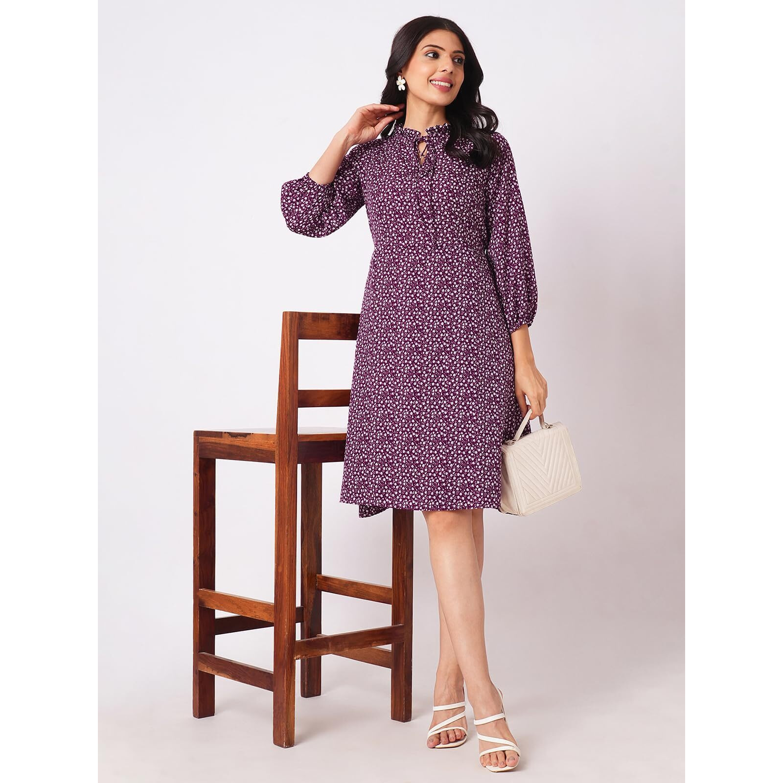 Selvia Western Dress For Women|Crepe Dress For Women|A-Line Dress|Floral Printed Dress For Women|One Piece Dress For Women (680Dtk7813N-L_Wine & White)