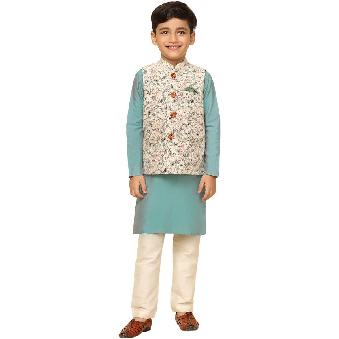 Kisah Boy's Cotton Blend Regular Fit Printed Multi White Kurta Jacket Pyjama Set (5-6Y)