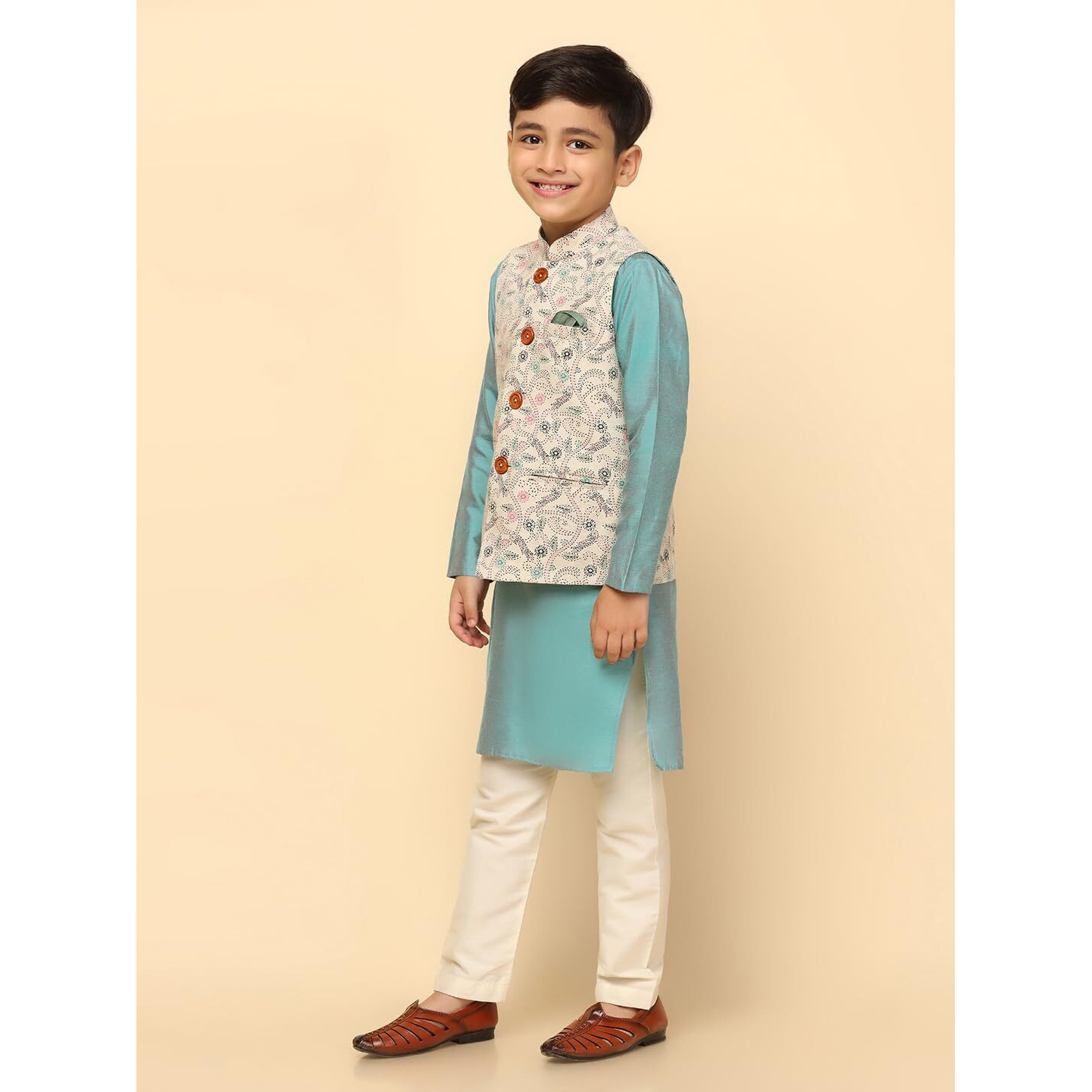 Kisah Boy's Cotton Blend Regular Fit Printed Multi White Kurta Jacket Pyjama Set (5-6Y)