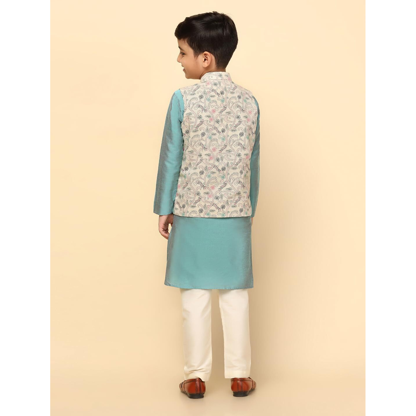 Kisah Boy's Cotton Blend Regular Fit Printed Multi White Kurta Jacket Pyjama Set (5-6Y)