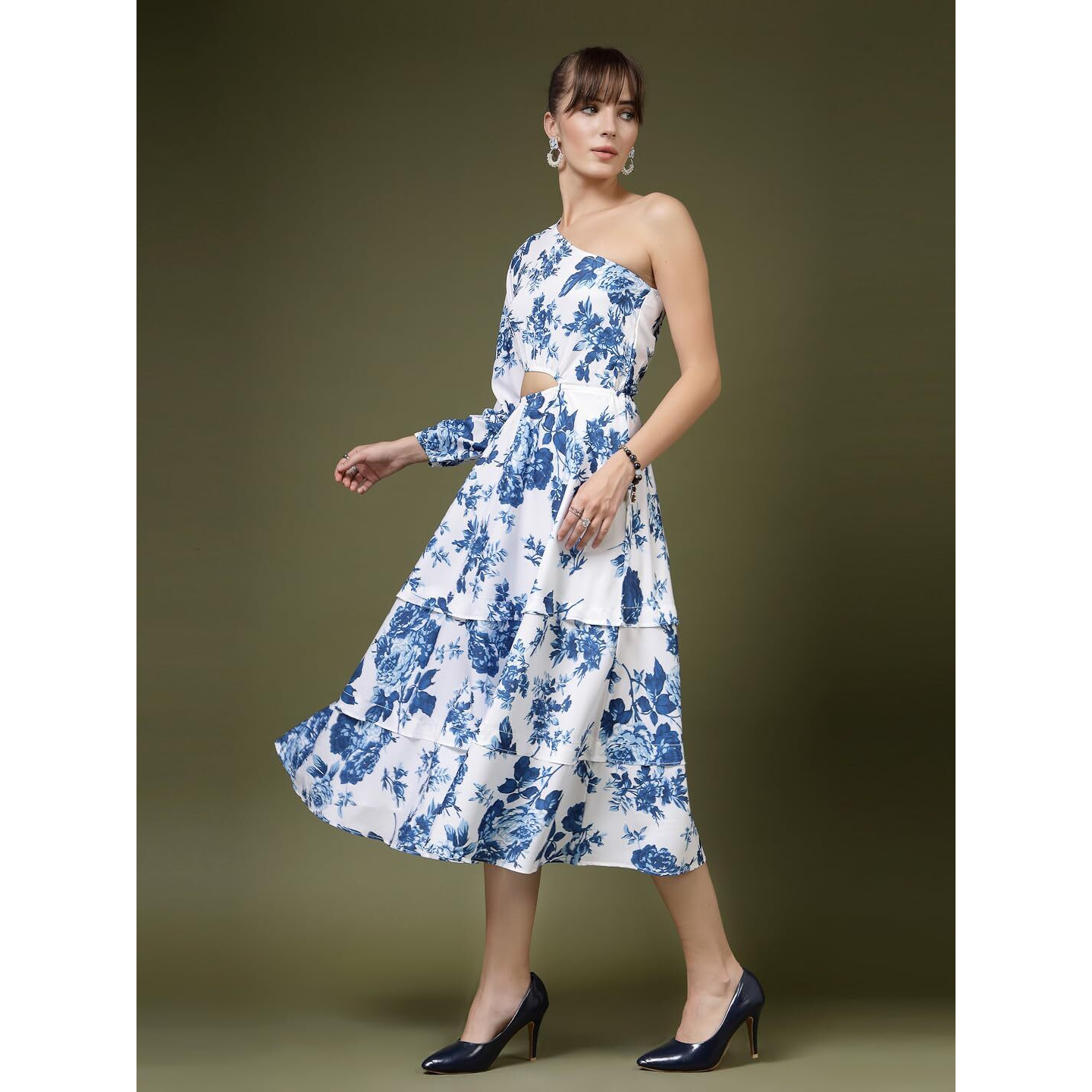 Oomph Women's Western & Fusion Wear Printed Crepe Dress For Women, One Shoulder, White - Md1071