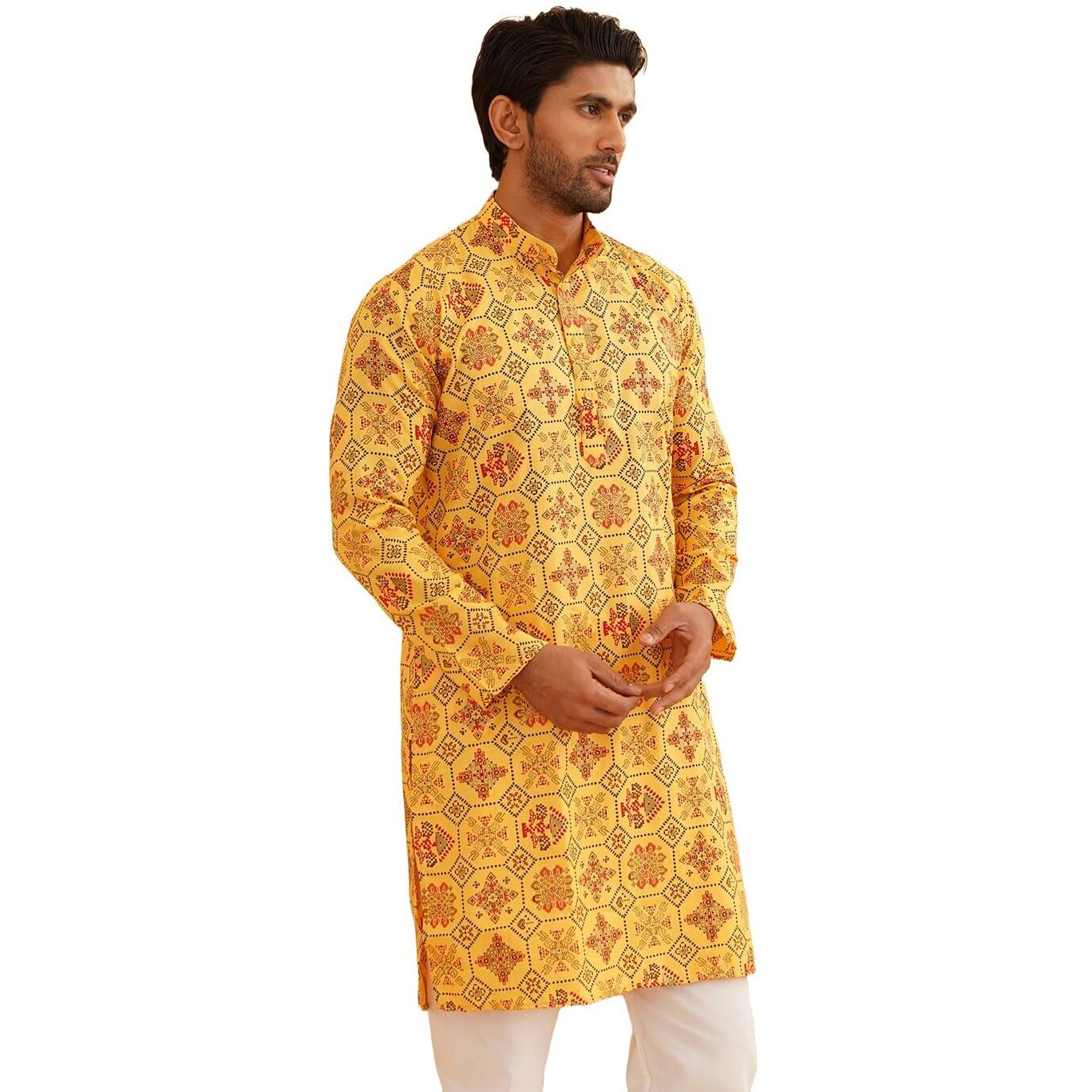 Sojanya (Since 1958 Men's Cotton Blend Yellow Color Floral Design Only Long Kurta