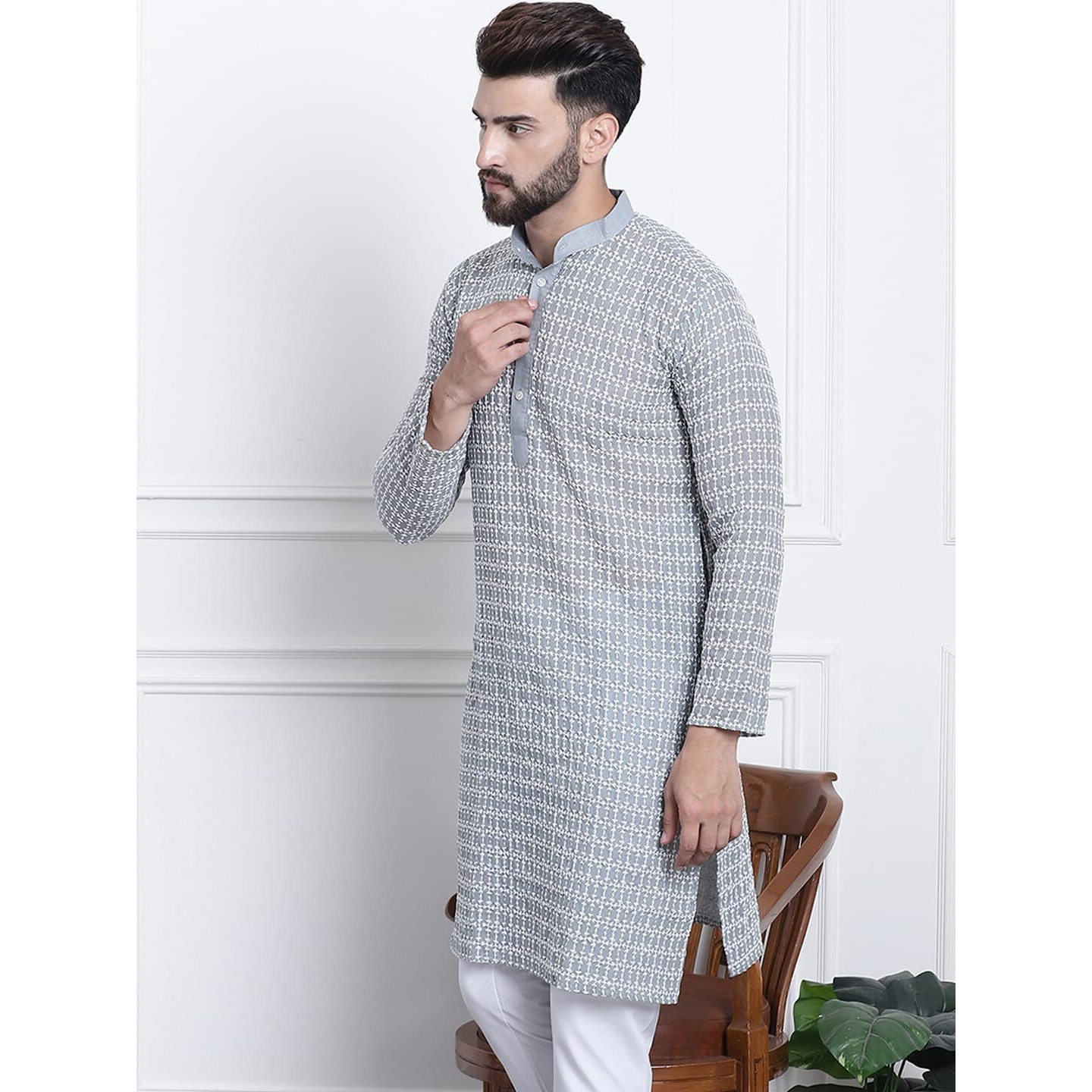 Sojanya (Since 1958 Men's Pure Cotton Grey With White Embroidery Only Long Kurta