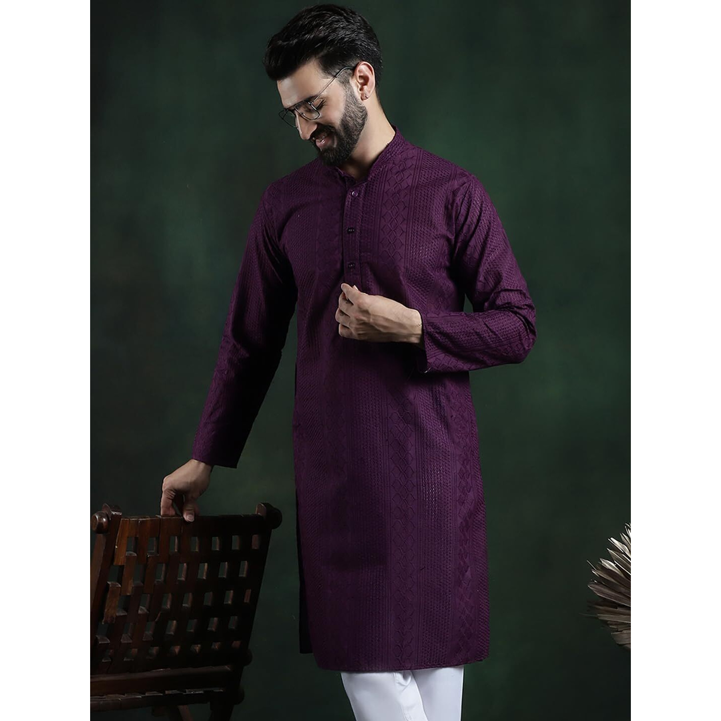 Sojanya (Since 1958 Men's Cotton Thread Embroidered Wine Long Kurta