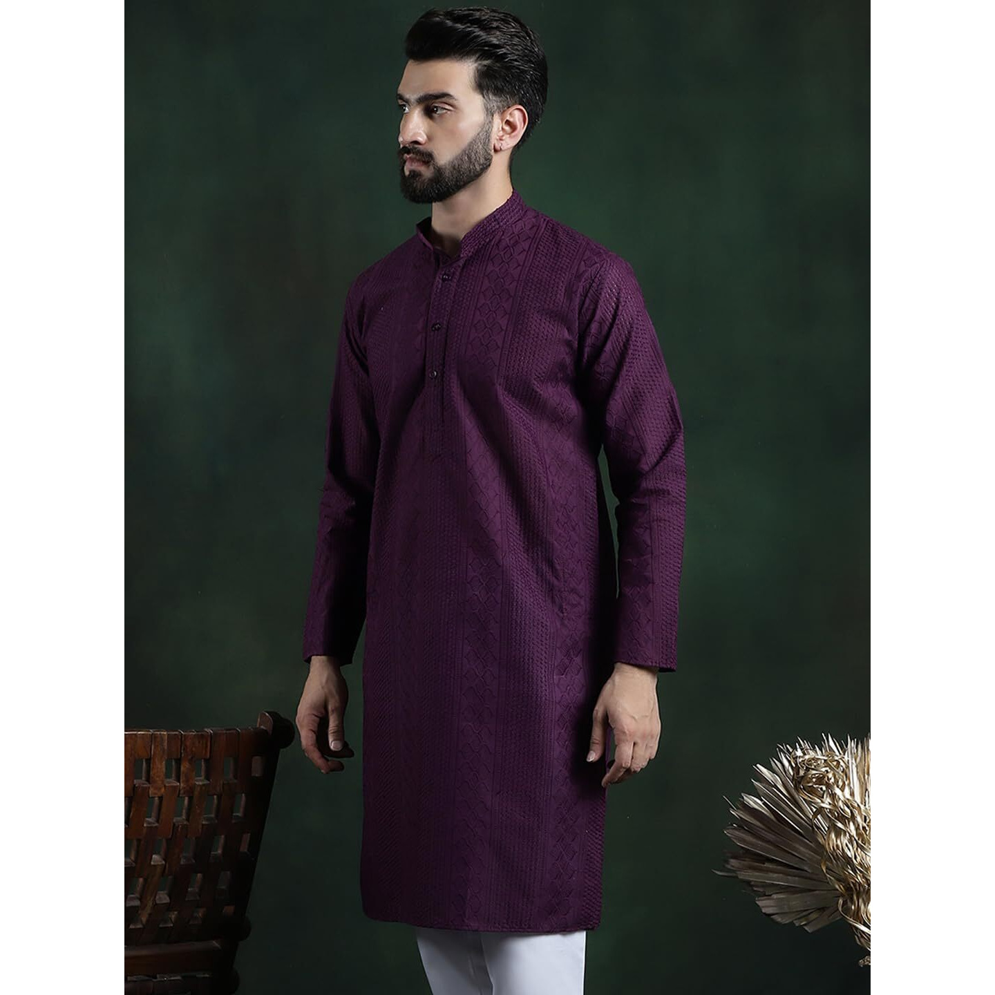 Sojanya (Since 1958 Men's Cotton Thread Embroidered Wine Long Kurta