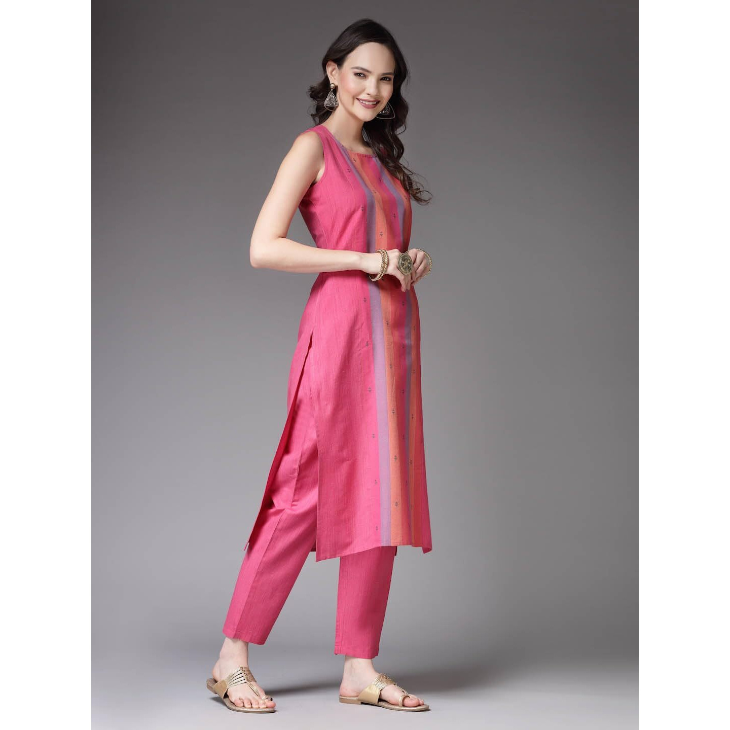 Stylum Women's Woven Designed Cotton Blend Straight Kurta Pant Set (Kpxpinktaj34_Pink, Xs)