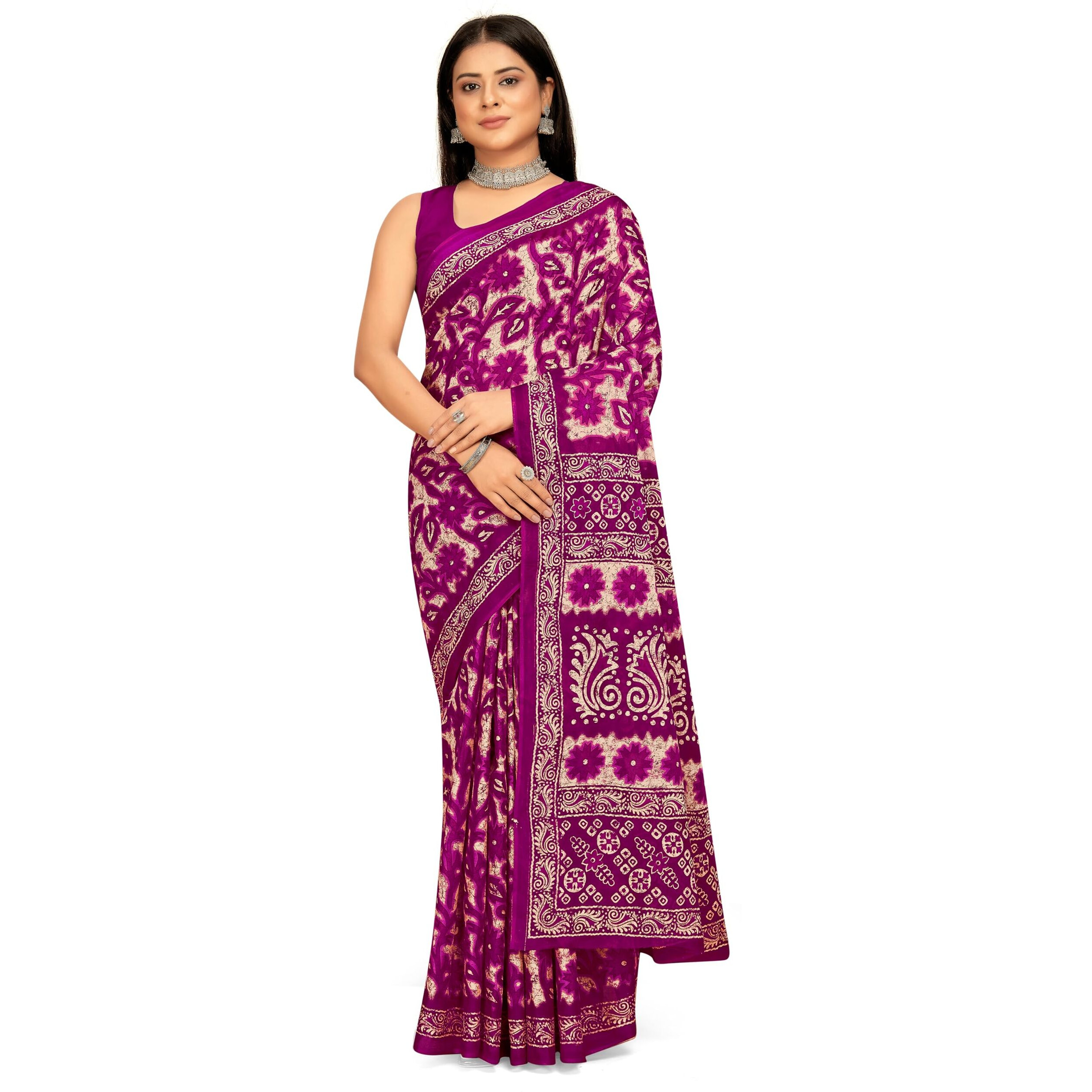 Tamaira Fashion Women's Floral Batik Printed Pure Cotton Mulmul Saree Without Blouse Piece(11588_Magenta)