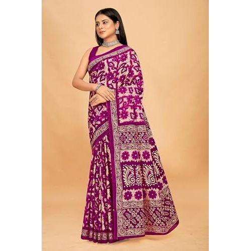 Tamaira Fashion Women's Floral Batik Printed Pure Cotton Mulmul Saree Without Blouse Piece(11588_Magenta)