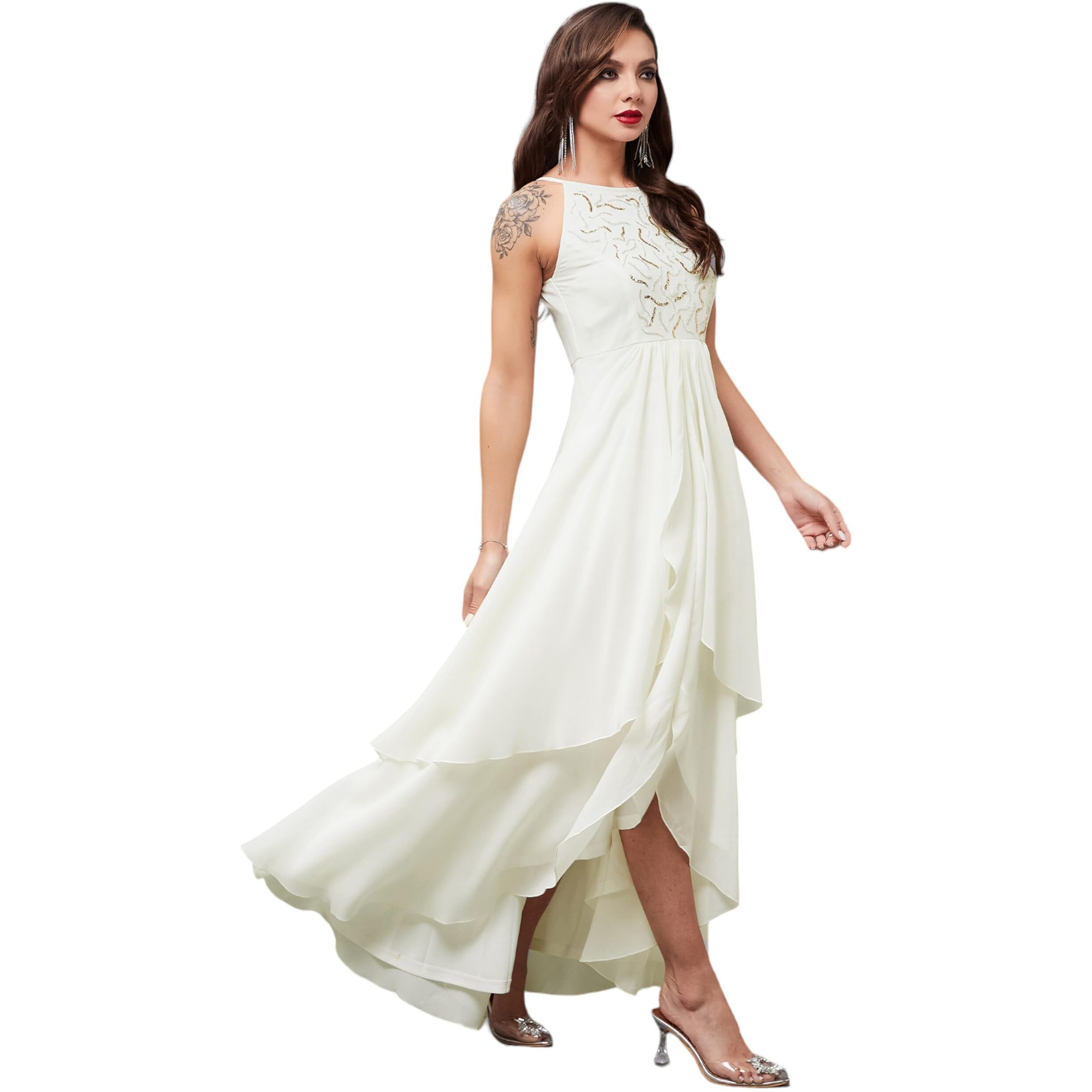 Miss Chase Women's Round Neck Sleeveless Solid Embellished Maxi Dress With Pockets (Mcss24D97-19-114-04, Off White, M)