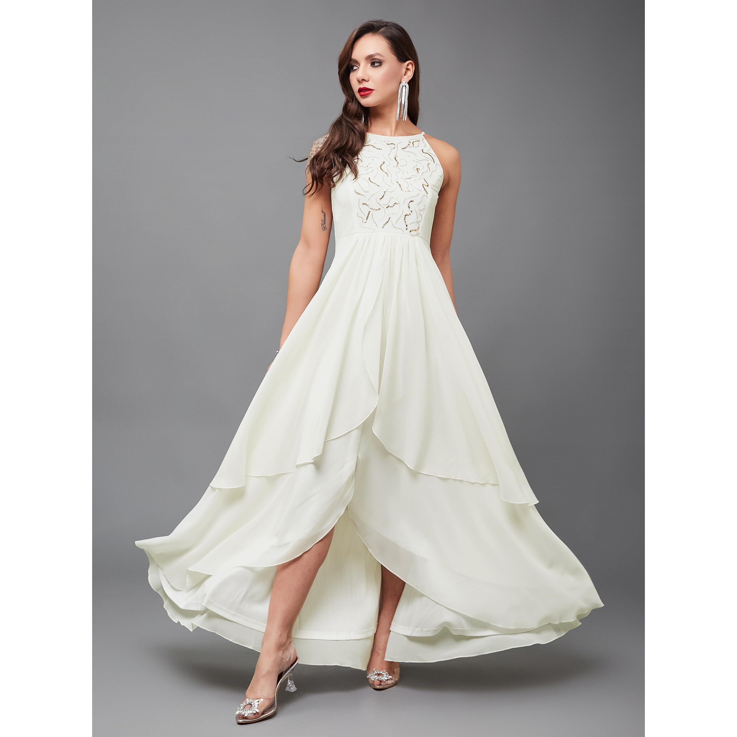 Miss Chase Women's Round Neck Sleeveless Solid Embellished Maxi Dress With Pockets (Mcss24D97-19-114-04, Off White, M)