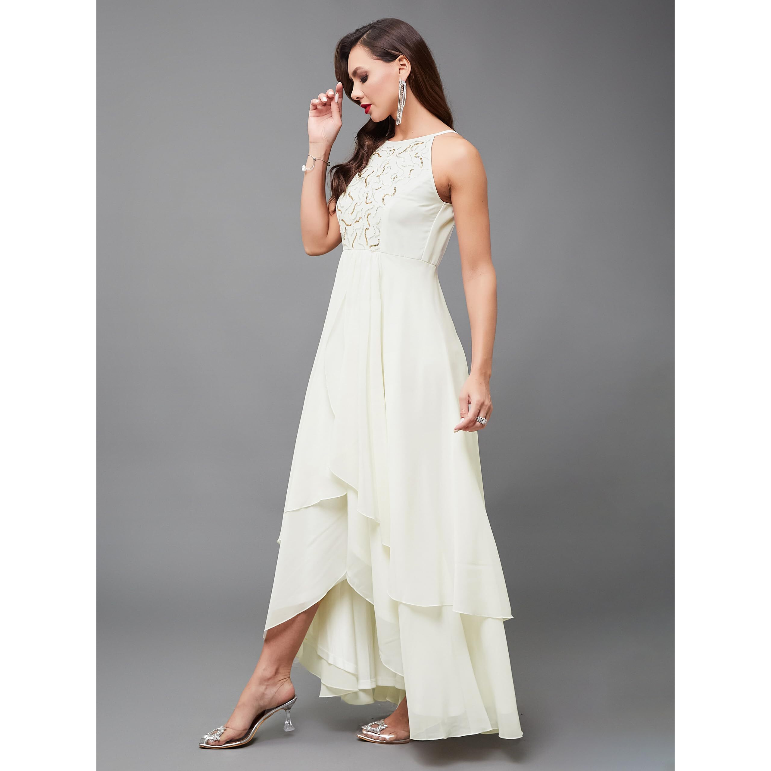 Miss Chase Women's Round Neck Sleeveless Solid Embellished Maxi Dress With Pockets (Mcss24D97-19-114-04, Off White, M)