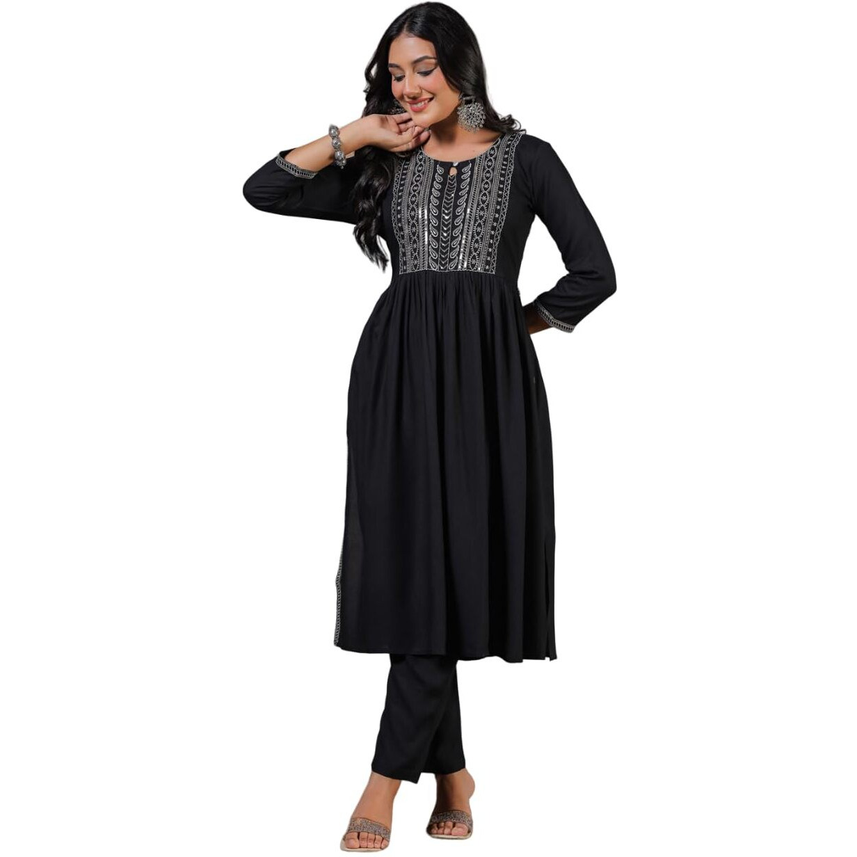 Anubhutee Women's Black Sequins Embroidered Pure Cotton Straight Kurta