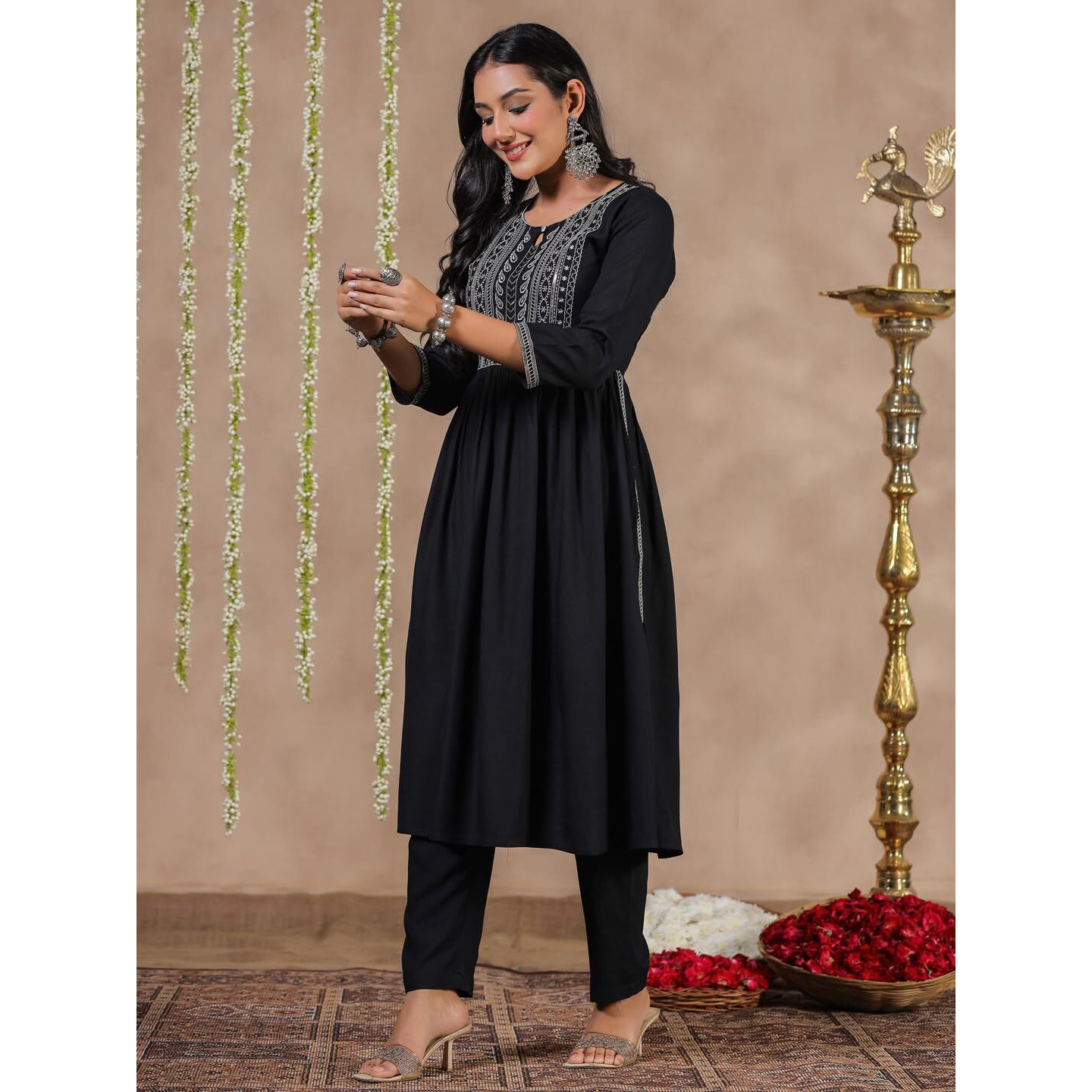 Anubhutee Women's Black Sequins Embroidered Pure Cotton Straight Kurta