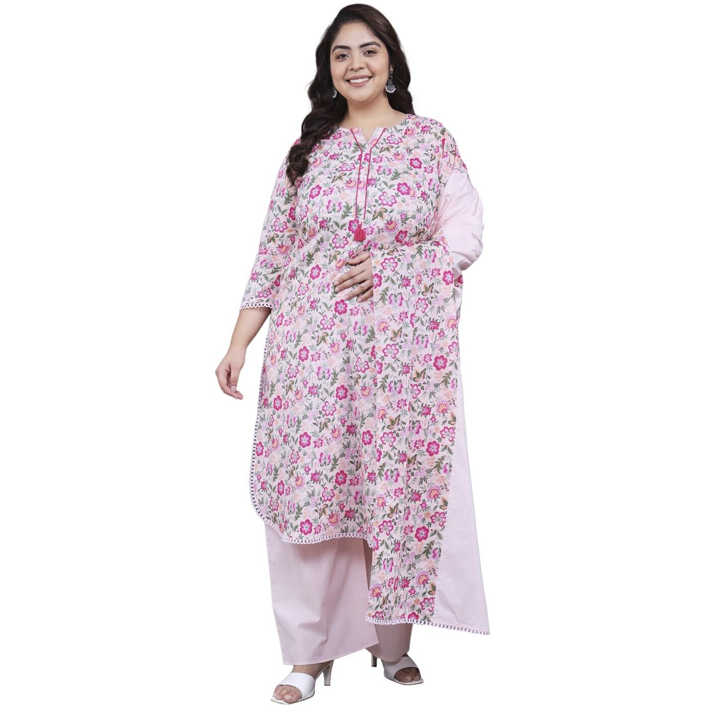 Tissu Women's Plus Size Pink Floral Printed Pure Cotton Kurta & Palazzo With Dupatta (T_684_Pink_6Xl)