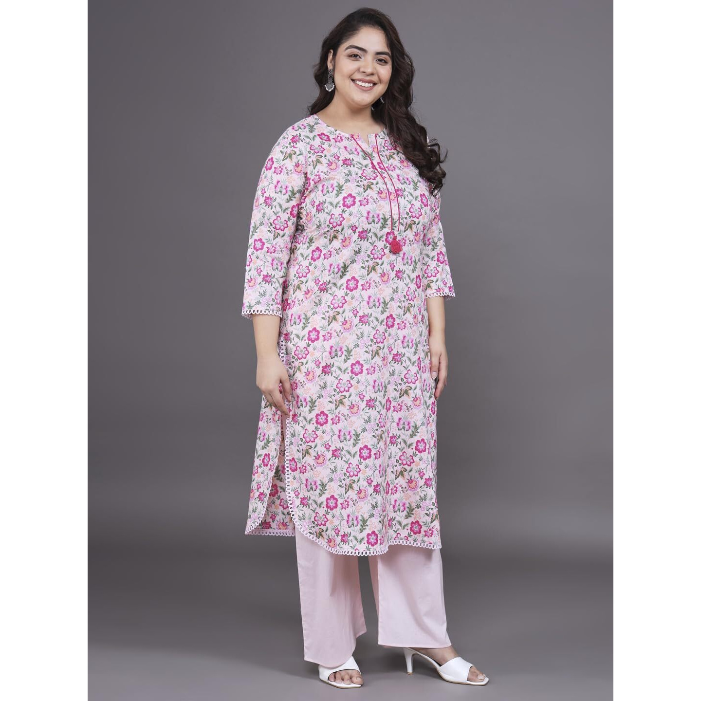 Tissu Women's Plus Size Pink Floral Printed Pure Cotton Kurta & Palazzo With Dupatta (T_684_Pink_6Xl)