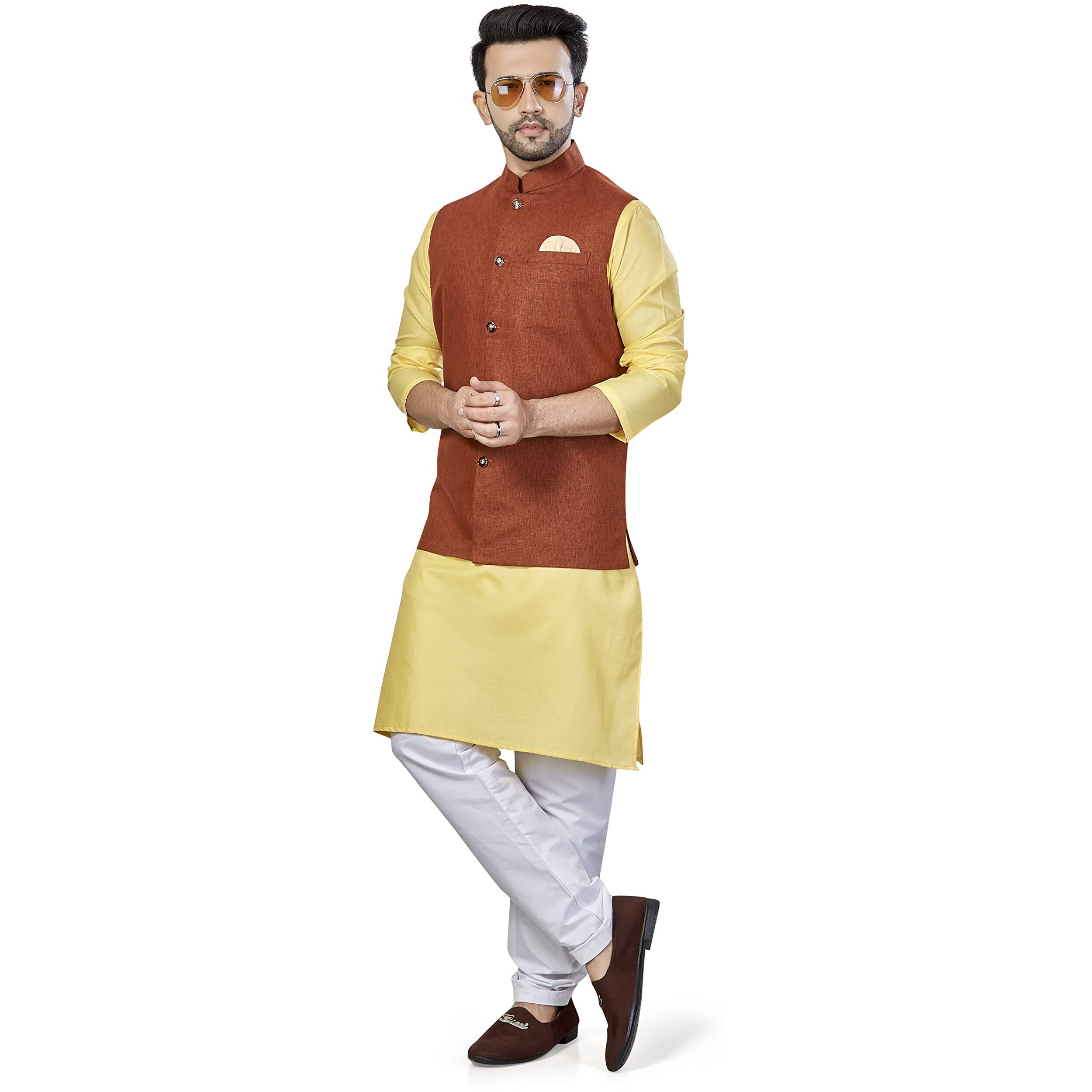 Be Active Men's Solid Linen Blend Kurta Pyjama 3 Piece Set || Men Kurta Pajama With Modi Jacket || Kurta Pajama Nehru Jacket For Men (Rfset0011-3-L)