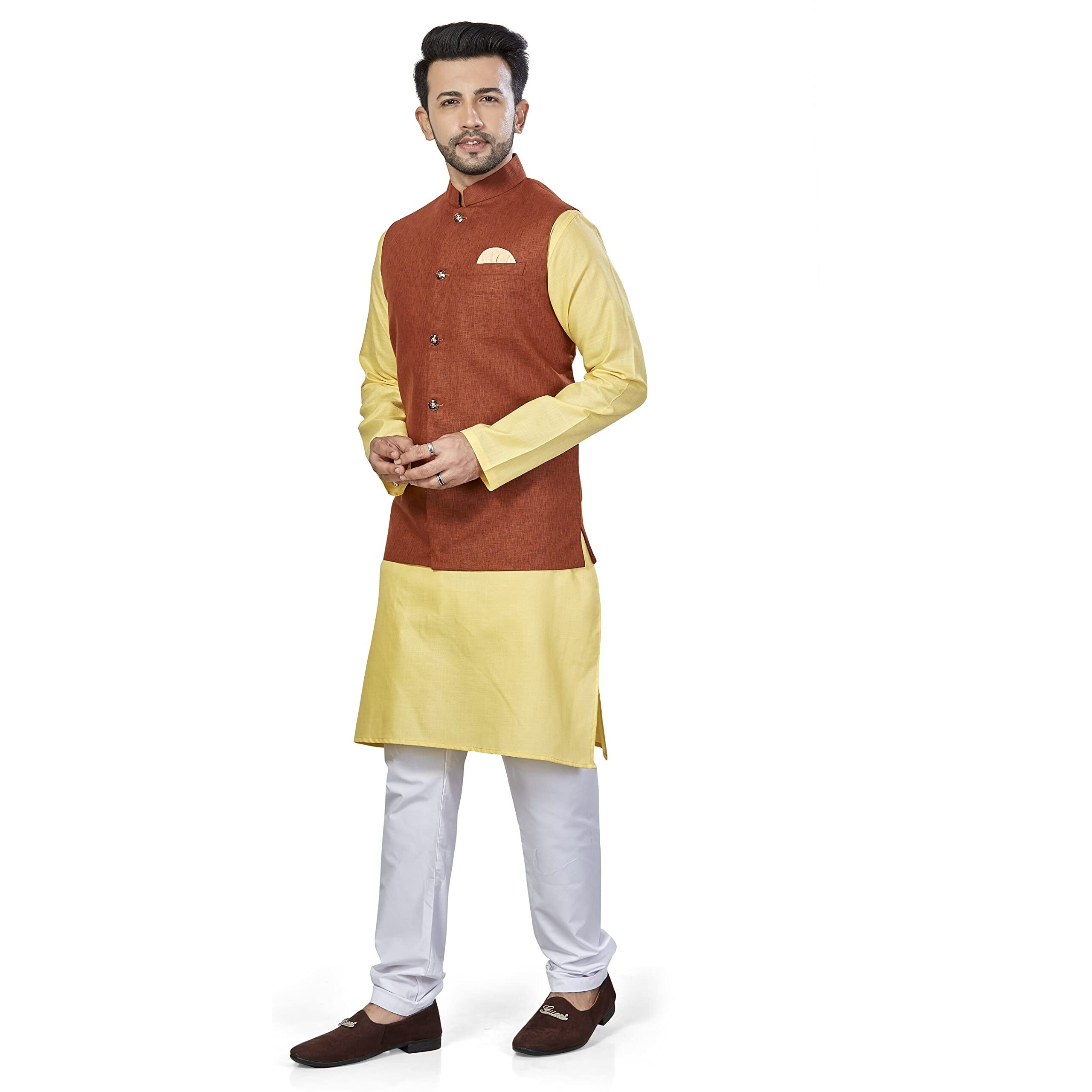 Be Active Men's Solid Linen Blend Kurta Pyjama 3 Piece Set || Men Kurta Pajama With Modi Jacket || Kurta Pajama Nehru Jacket For Men (Rfset0011-3-L)