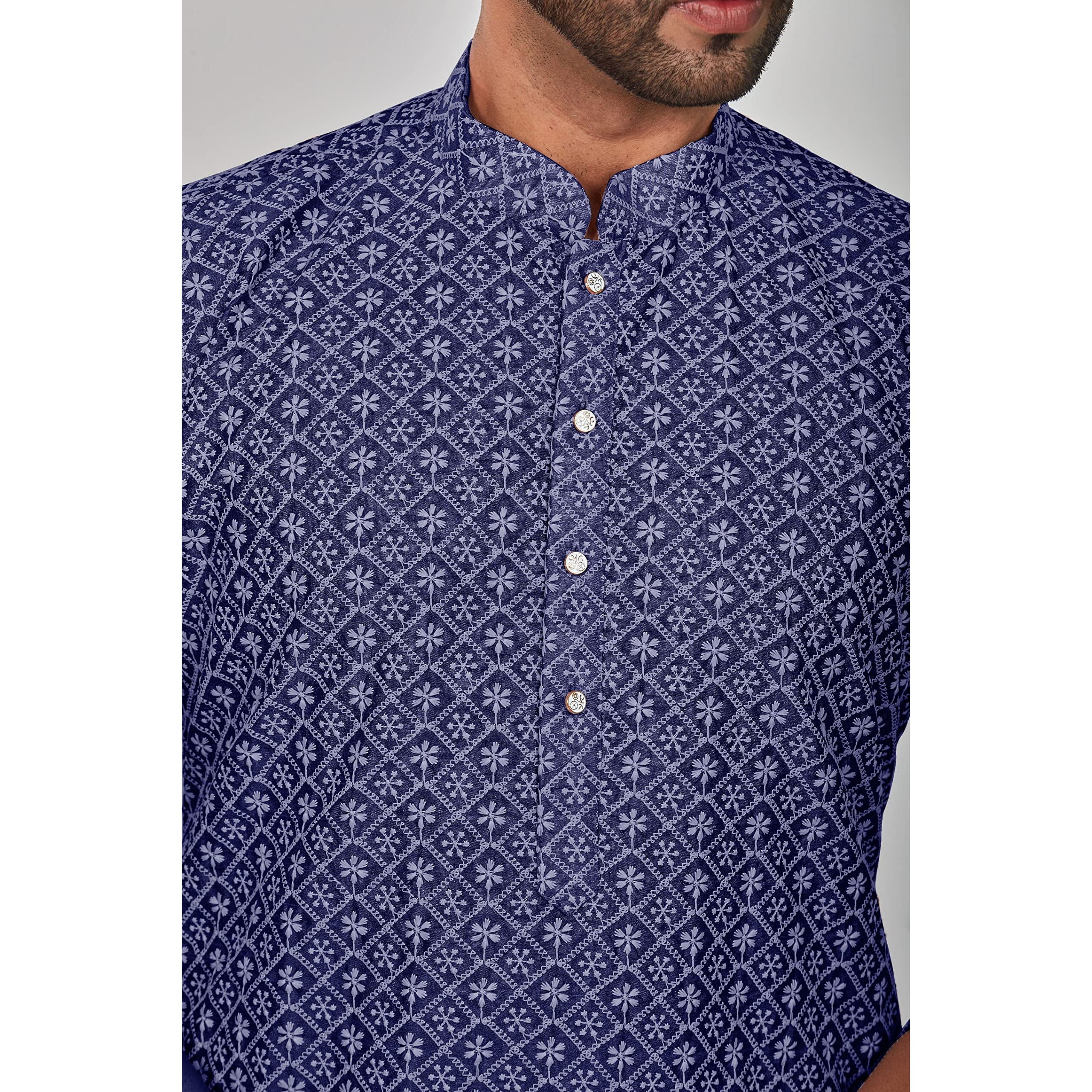 Be Active Men's Cotton Regular Fit Solid Lucknowi Kurta Pyjama Set, Navy Blue, Xl (Rfsk0013 12