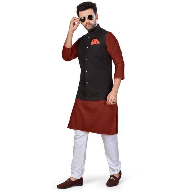 Be Active Men's Solid Linen Blend Kurta Pyjama 3 Piece Set || Men Kurta Pajama With Modi Jacket || Kurta Pajama Nehru Jacket For Men (N-Rfset0015-3-M)