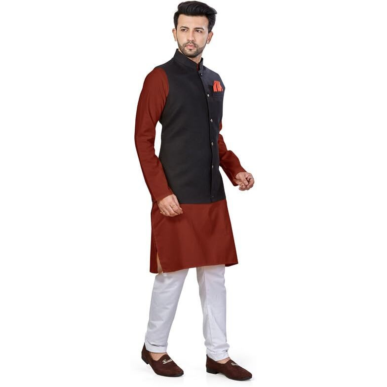 Be Active Men's Solid Linen Blend Kurta Pyjama 3 Piece Set || Men Kurta Pajama With Modi Jacket || Kurta Pajama Nehru Jacket For Men (N-Rfset0015-3-M)