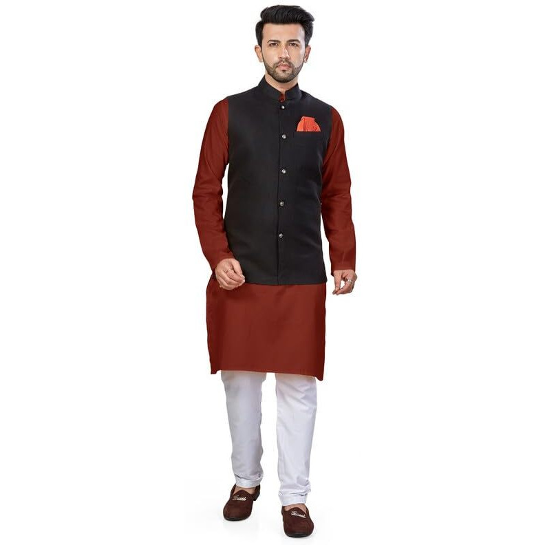 Be Active Men's Solid Linen Blend Kurta Pyjama 3 Piece Set || Men Kurta Pajama With Modi Jacket || Kurta Pajama Nehru Jacket For Men (N-Rfset0015-3-M)