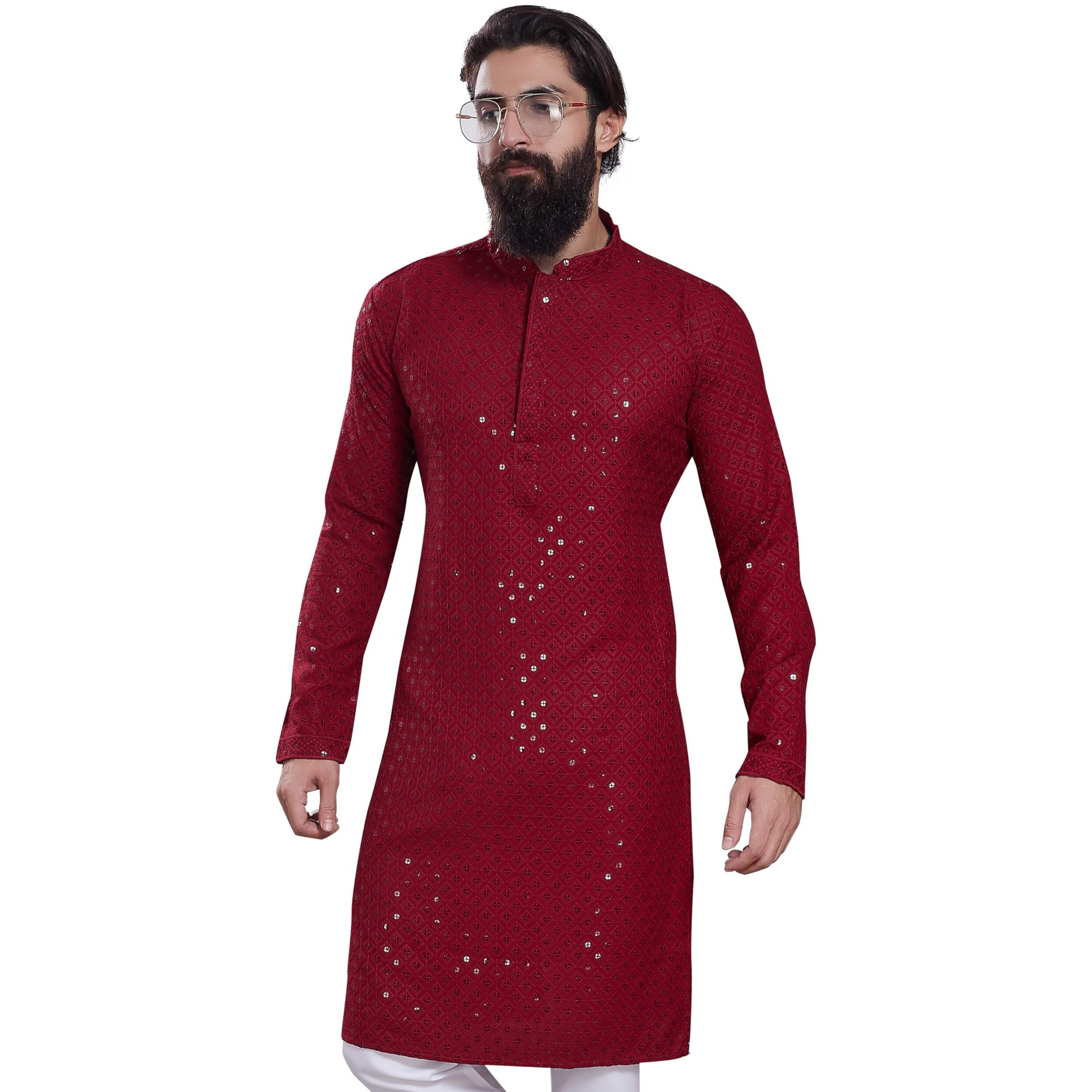 Divisive Men's Sequince Embroidered Cotton Blend Only Slim Fit Kurta (Dkrt227_S_Maroon)