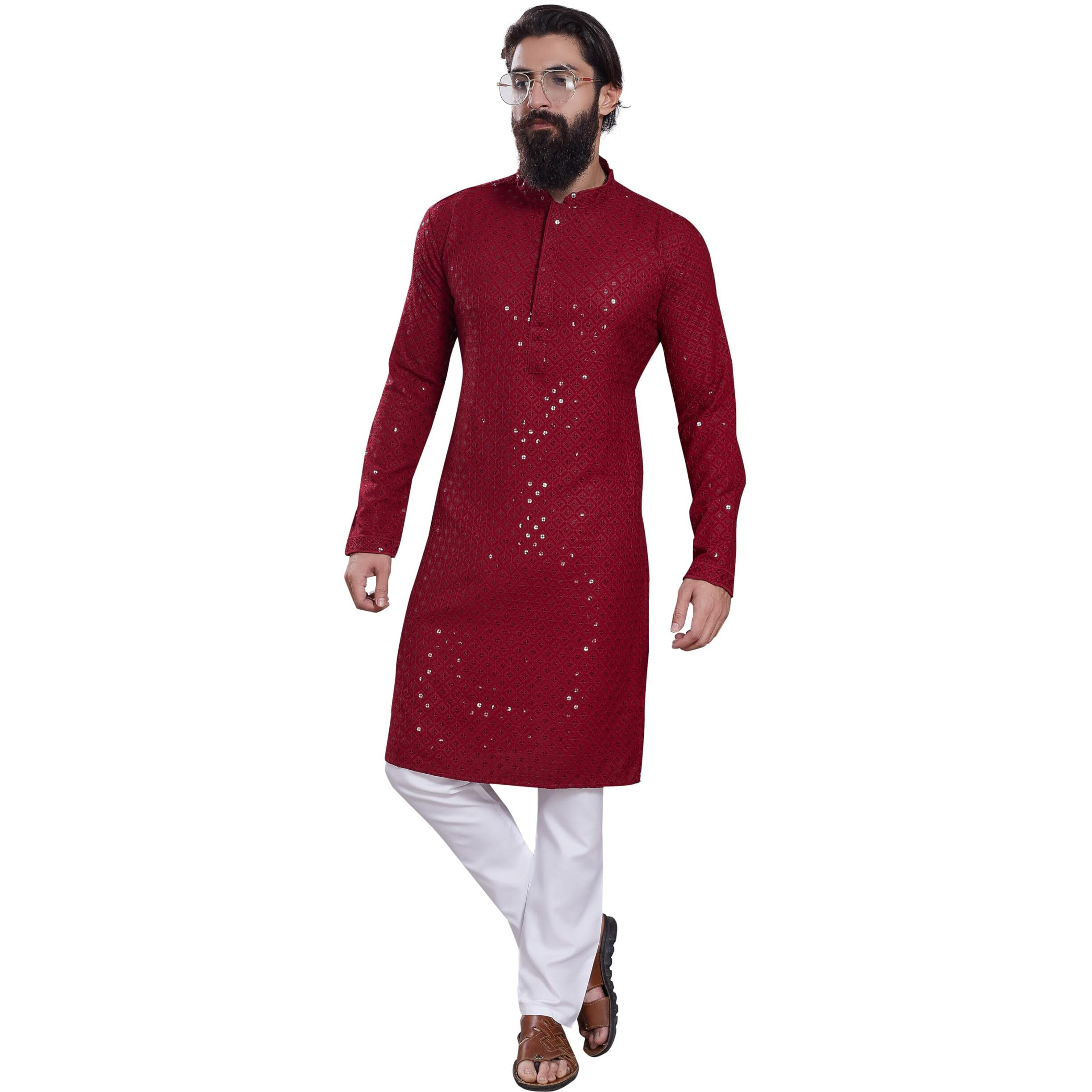 Divisive Men's Sequince Embroidered Cotton Blend Only Slim Fit Kurta (Dkrt227_S_Maroon)