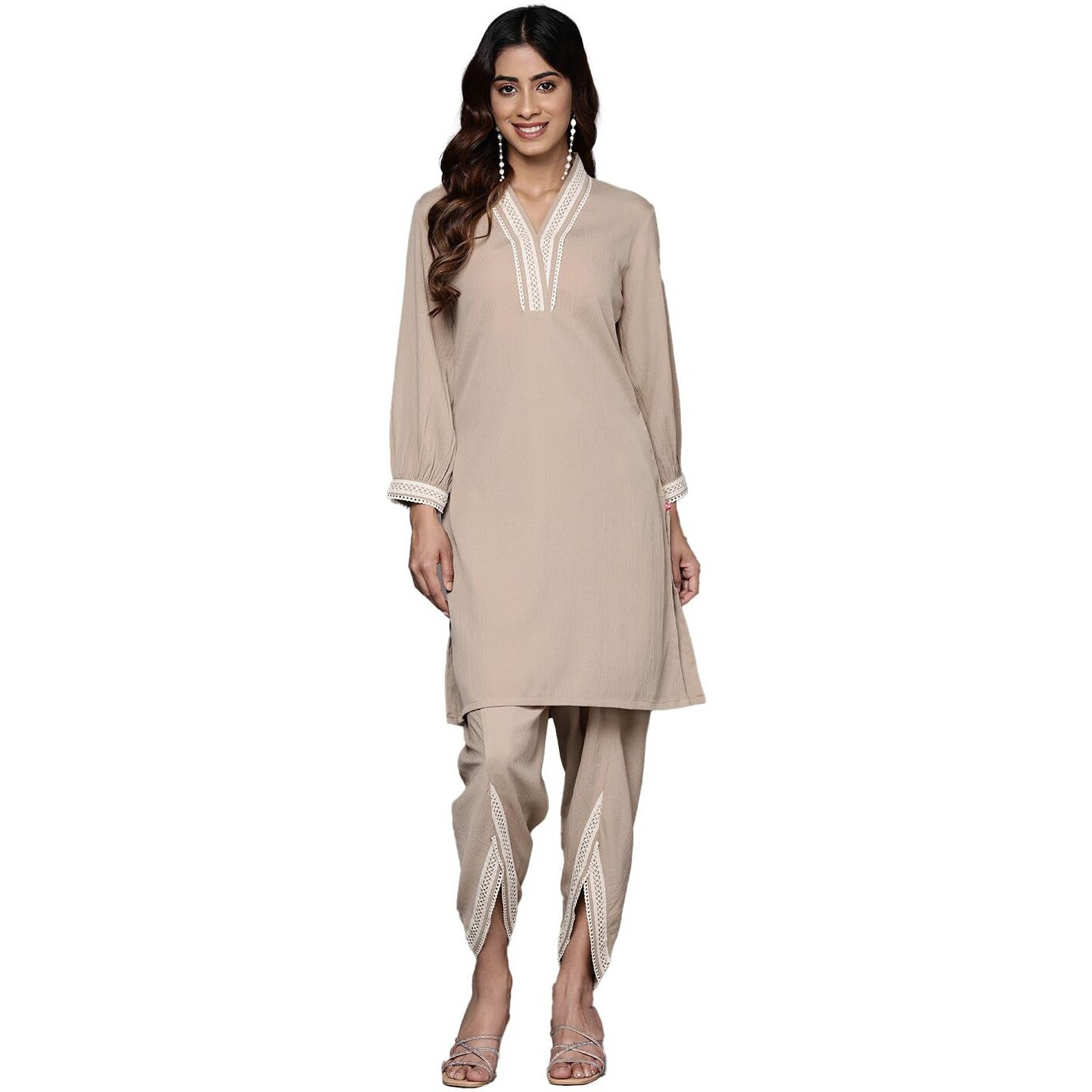 Varanga Women Beige Cotton Lace Detailed Co-Ord Sets