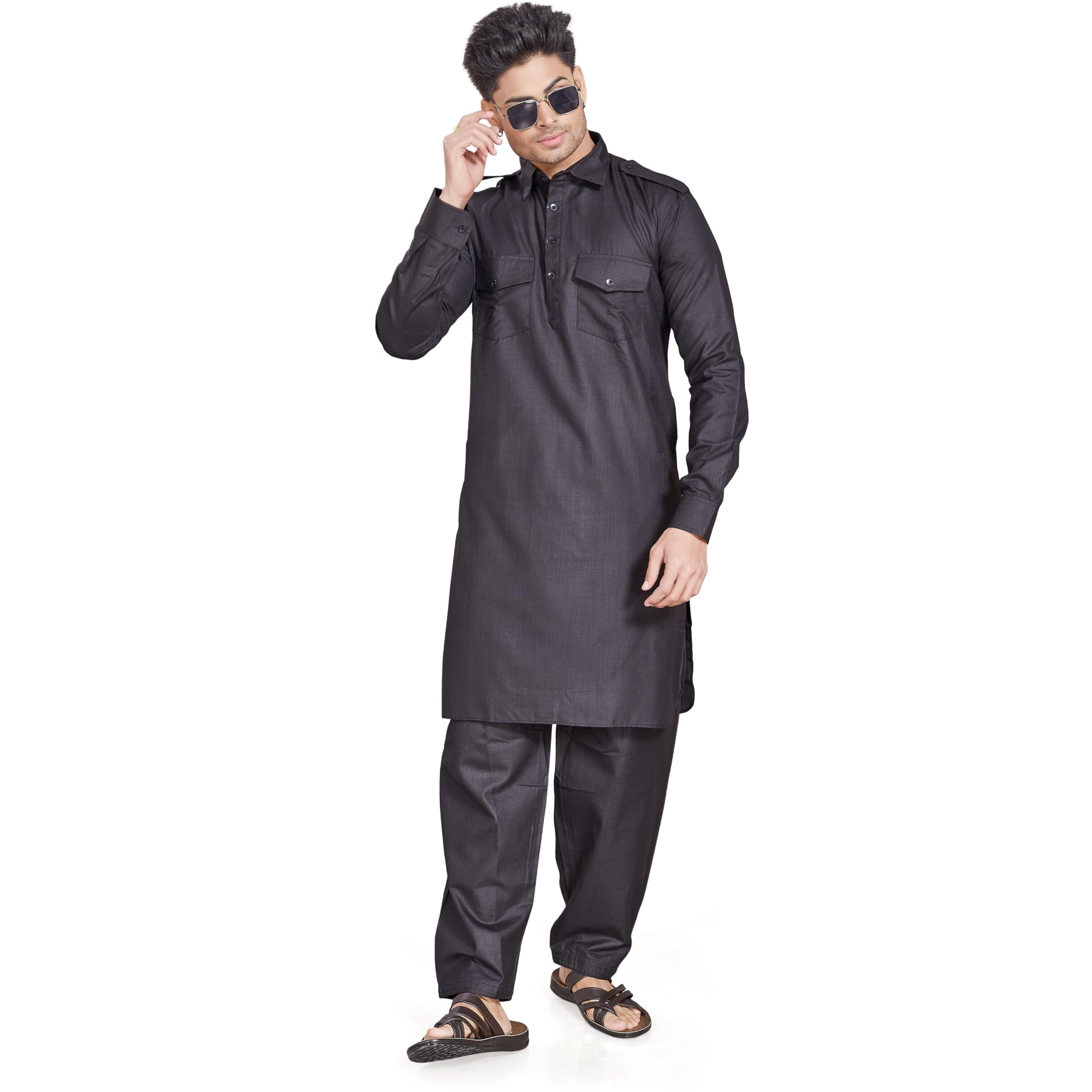 Divisive Men's Cotton Blend Pathani Kurta Pyjama Set (Dkrt455_Xxl_Black)