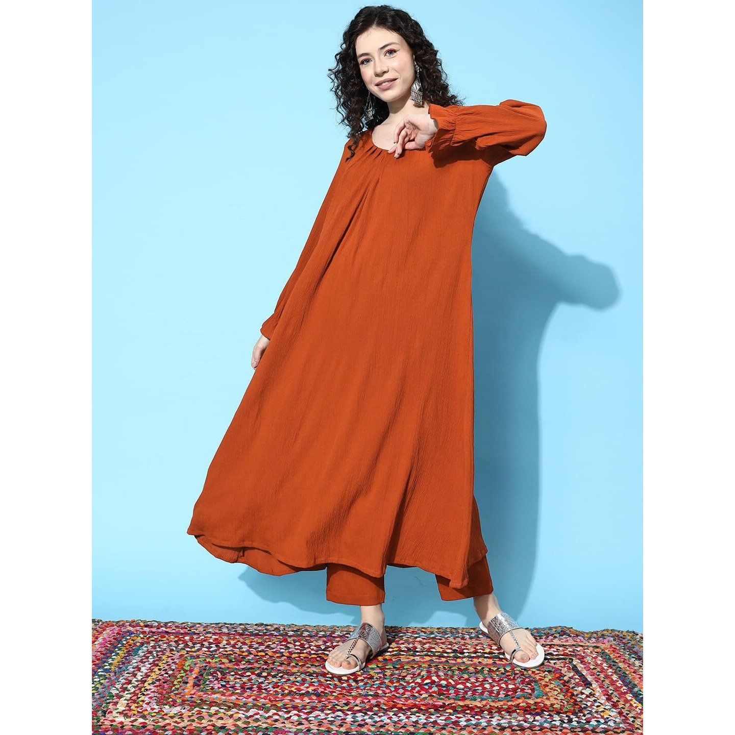 Varanga Women Rust Colour Bishop Sleeve A-Line Kurta With Front Pleat, V-Neck, Paired With Tonal Bottom