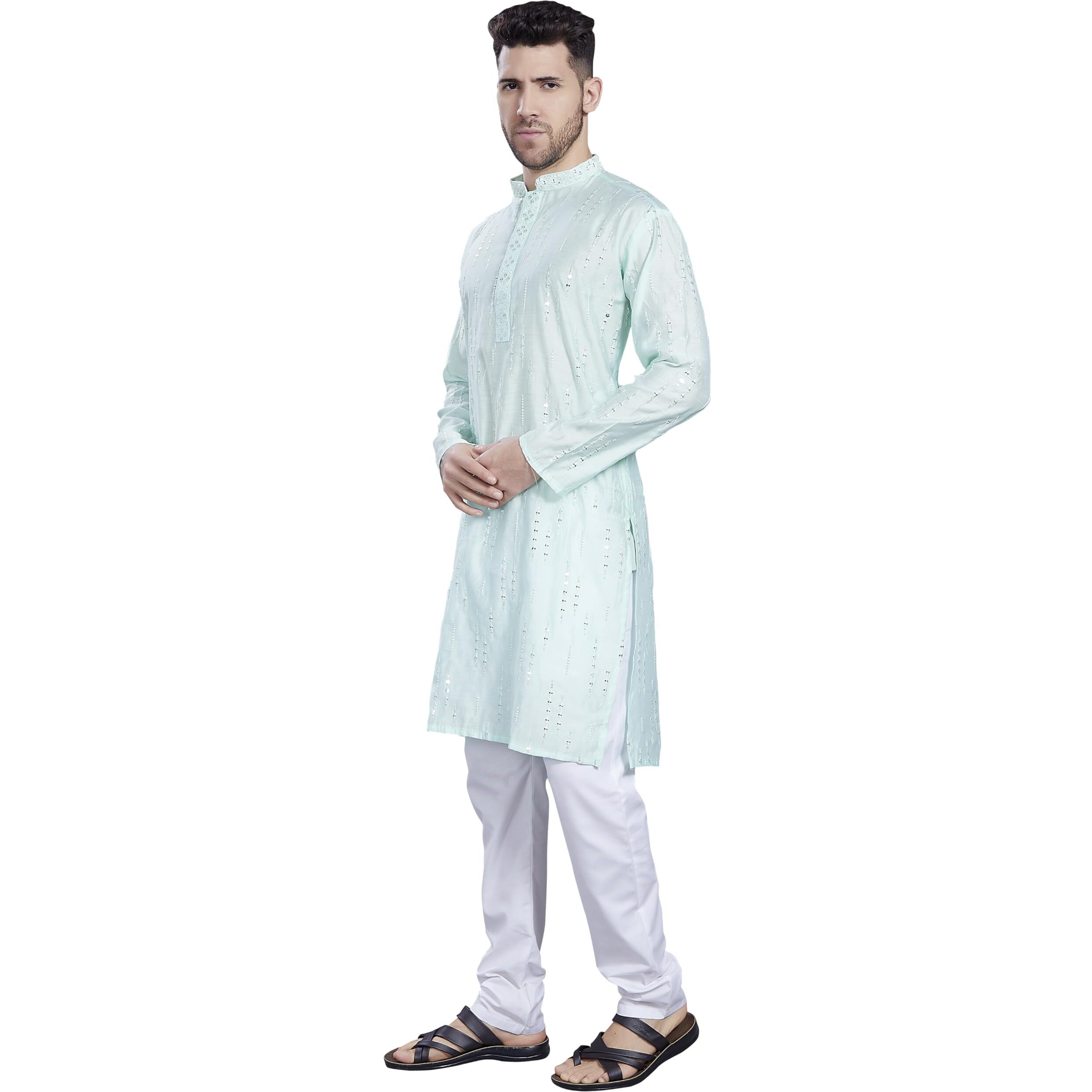 Divisive Men's Mirror Embroidered Silk Blend Only Slim Fit Kurta (Dkrt817_Xl_Sea Green)