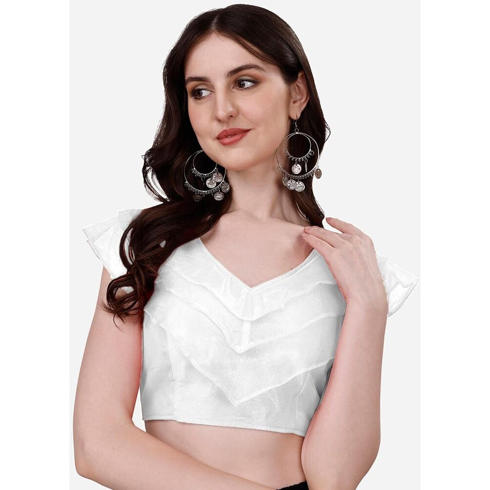Vihu Fashion Women's V Neck Orgenza Three Layer Ruffle Sleeve Frill Readymade Saree Blouse