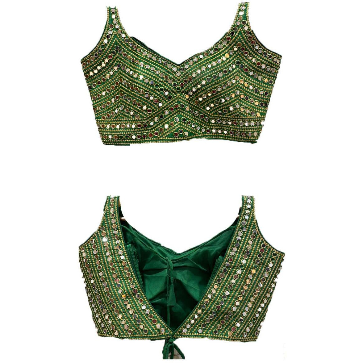 Vihu Fashion Women's Phantom Silk Embroidery Real Mirror Work Sleeveless Saree Readymade Blouse (V -Mirror Blouse_Green_38 Size)