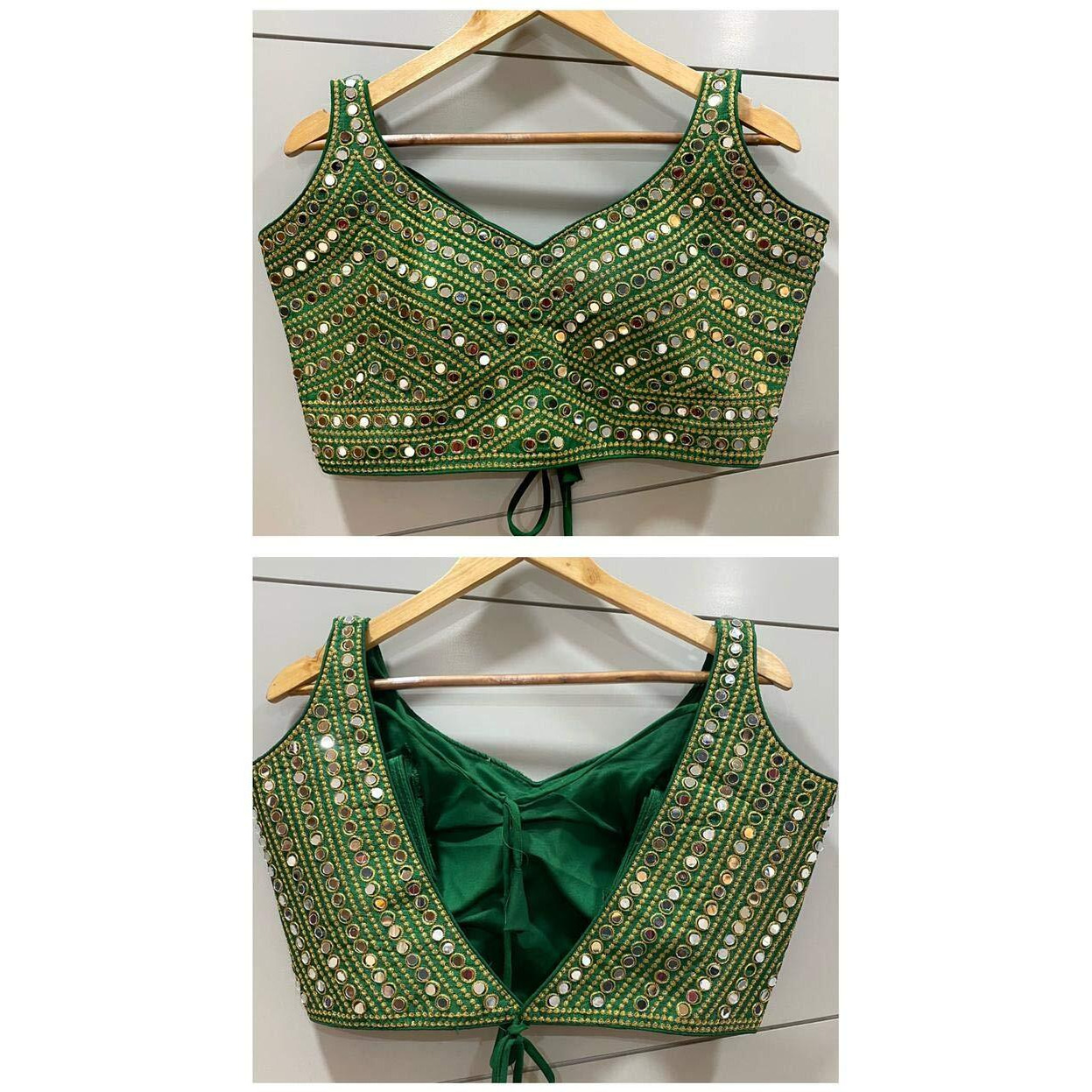 Vihu Fashion Women's Phantom Silk Embroidery Real Mirror Work Sleeveless Saree Readymade Blouse (V -Mirror Blouse_Green_38 Size)