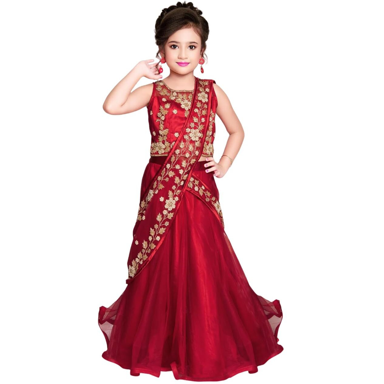 White Button New Stone And Embroidery Work Half Saree Styled Kids Lehenga Choli For Girls (5-6 Years, Red)