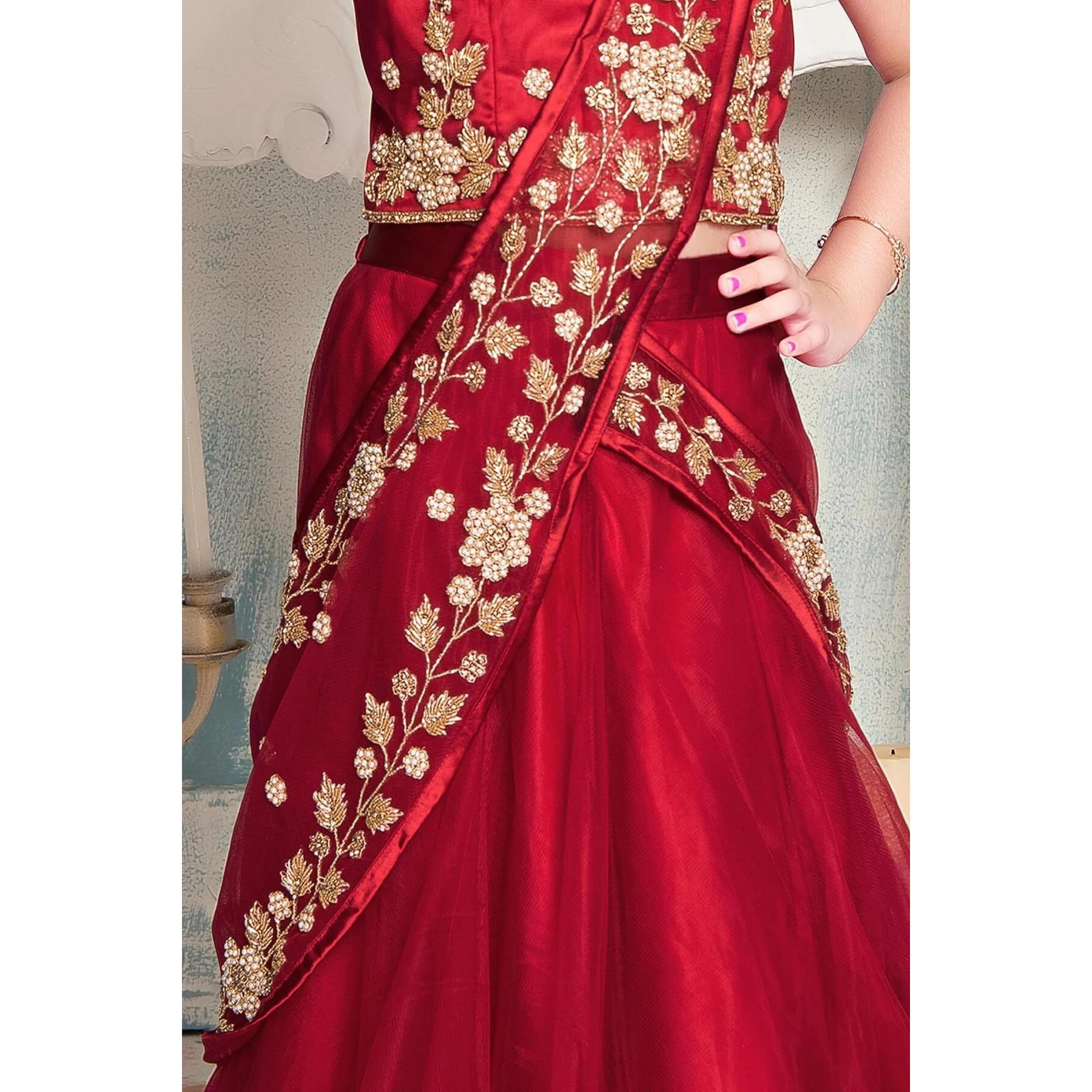 White Button New Stone And Embroidery Work Half Saree Styled Kids Lehenga Choli For Girls (5-6 Years, Red)