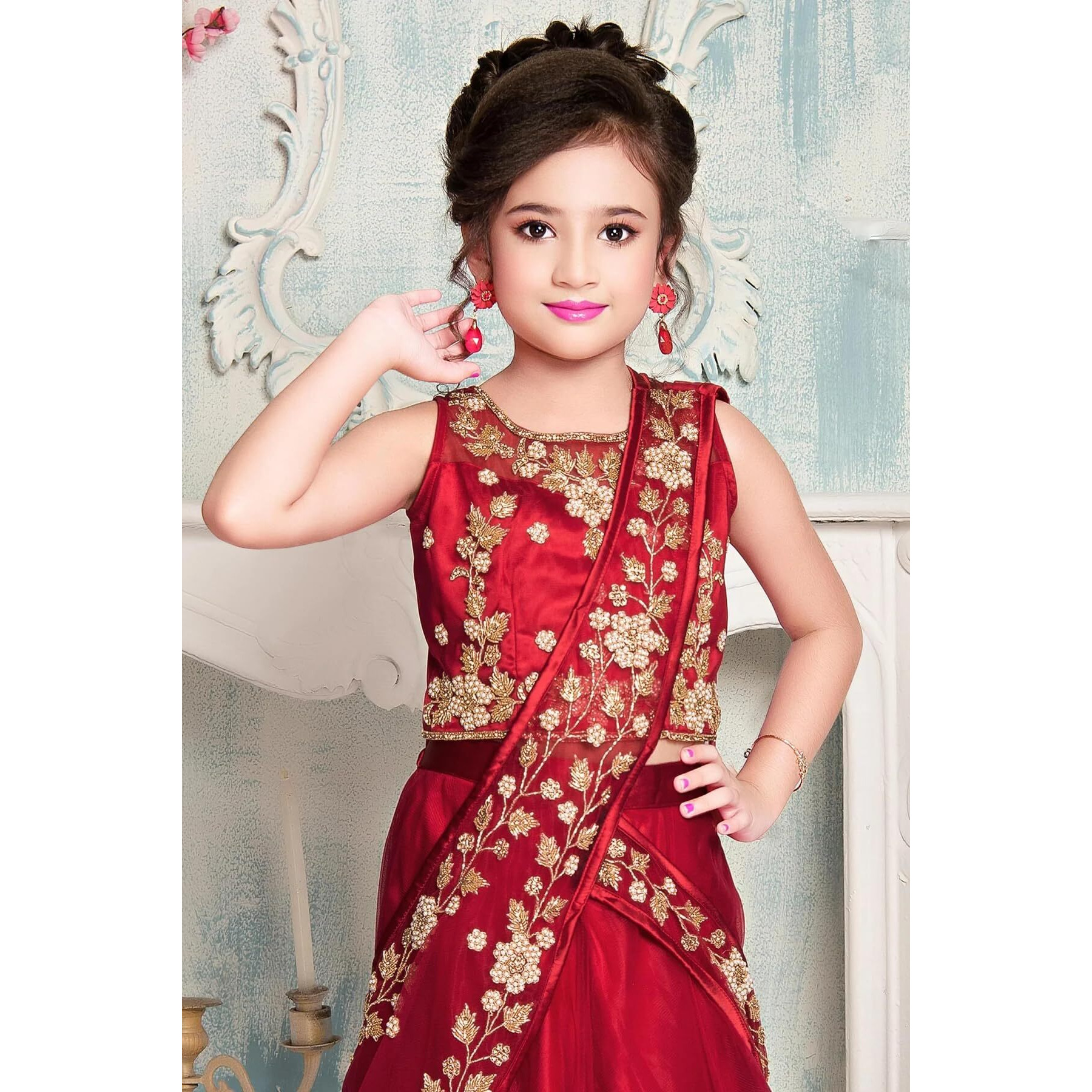 White Button New Stone And Embroidery Work Half Saree Styled Kids Lehenga Choli For Girls (5-6 Years, Red)