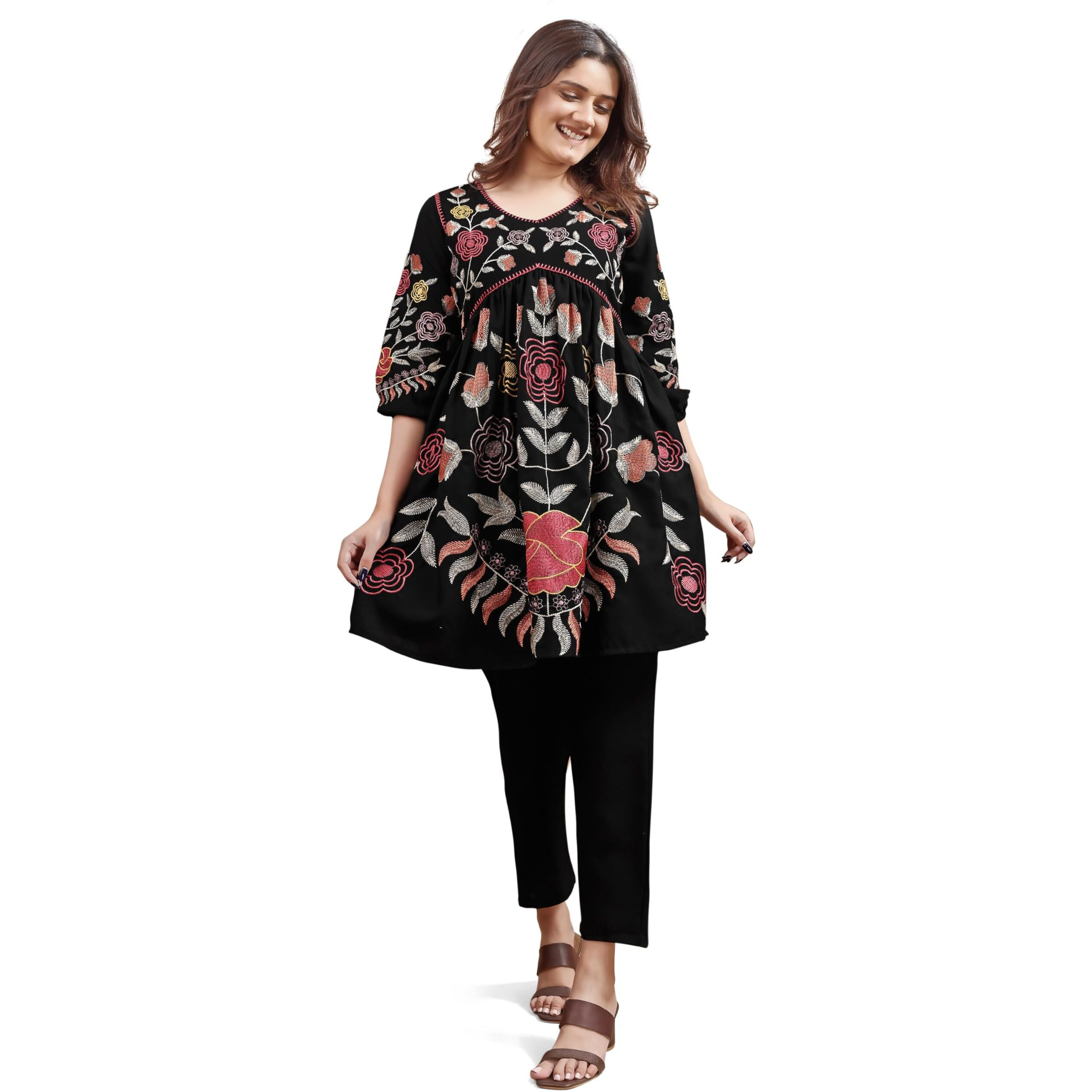 Womanista Women's Black Colour Linen Multi Thread Embroidery Flared Tunic With Trouser Coord Set(Co-Ords_9072_L, Regular Fit)