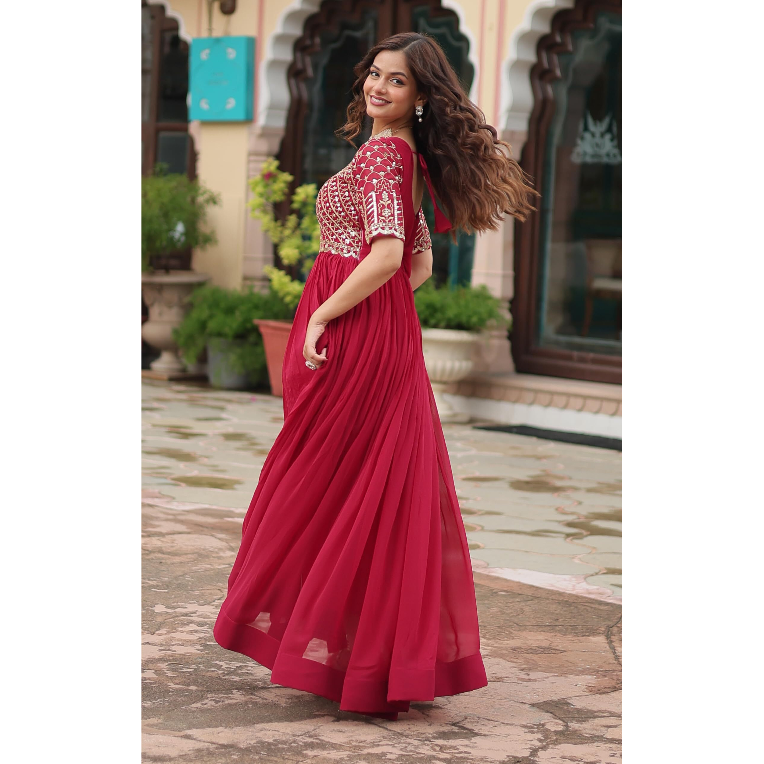 Fashion Basket Georgette Embroidered Anarkali Gown For Women Pink