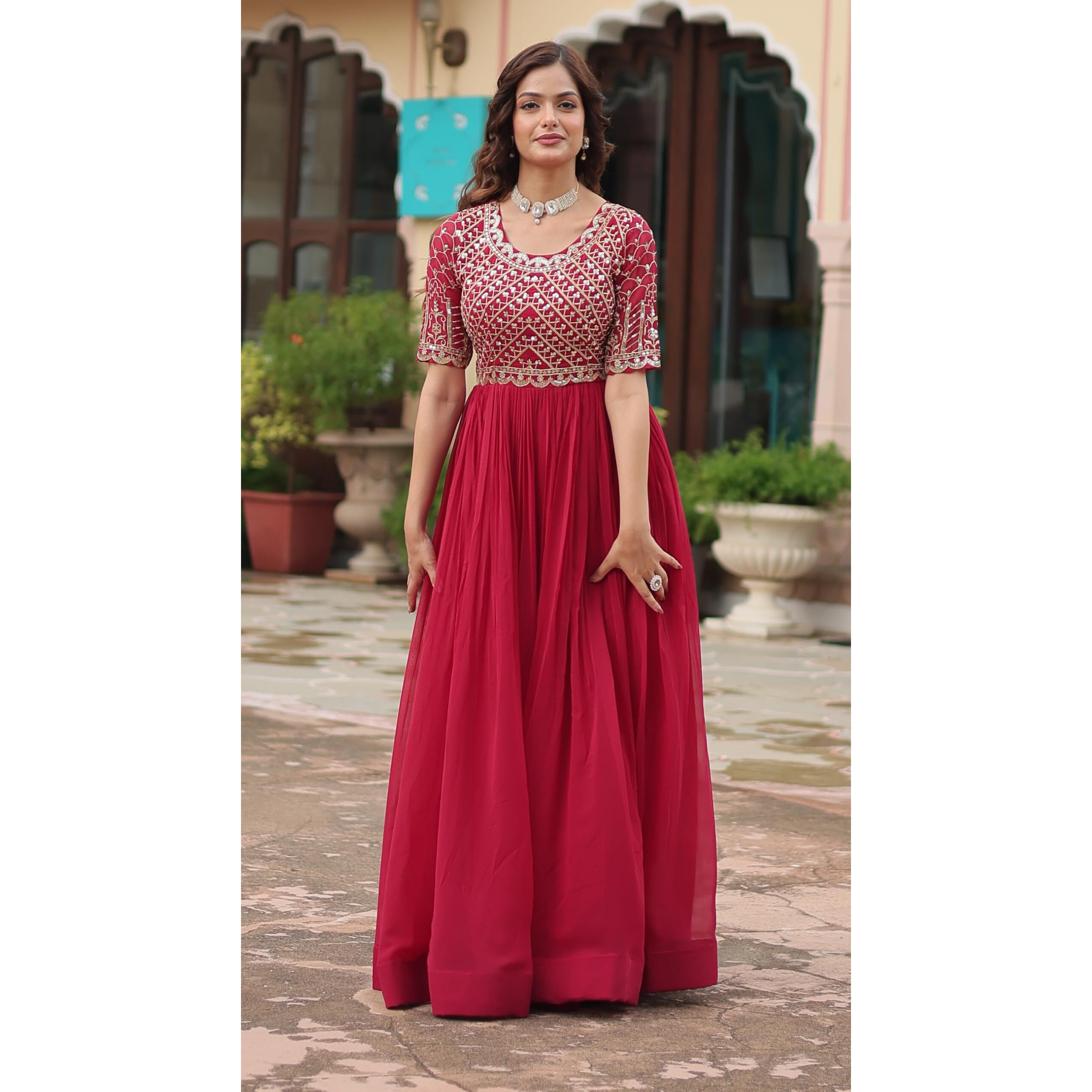 Fashion Basket Georgette Embroidered Anarkali Gown For Women Pink