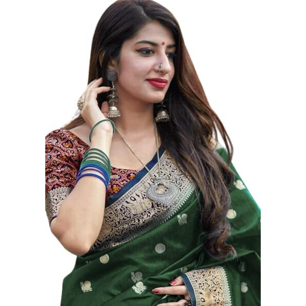Flosive Women's Present Banarasi Soft Lichi Silk Saree Beautiful Jacquard Rich Pallu Design Work Zari Woven Kanjivaram Silk Style Saree Royal Patola With Soft Lichi Silk Blouse Piece (Green)