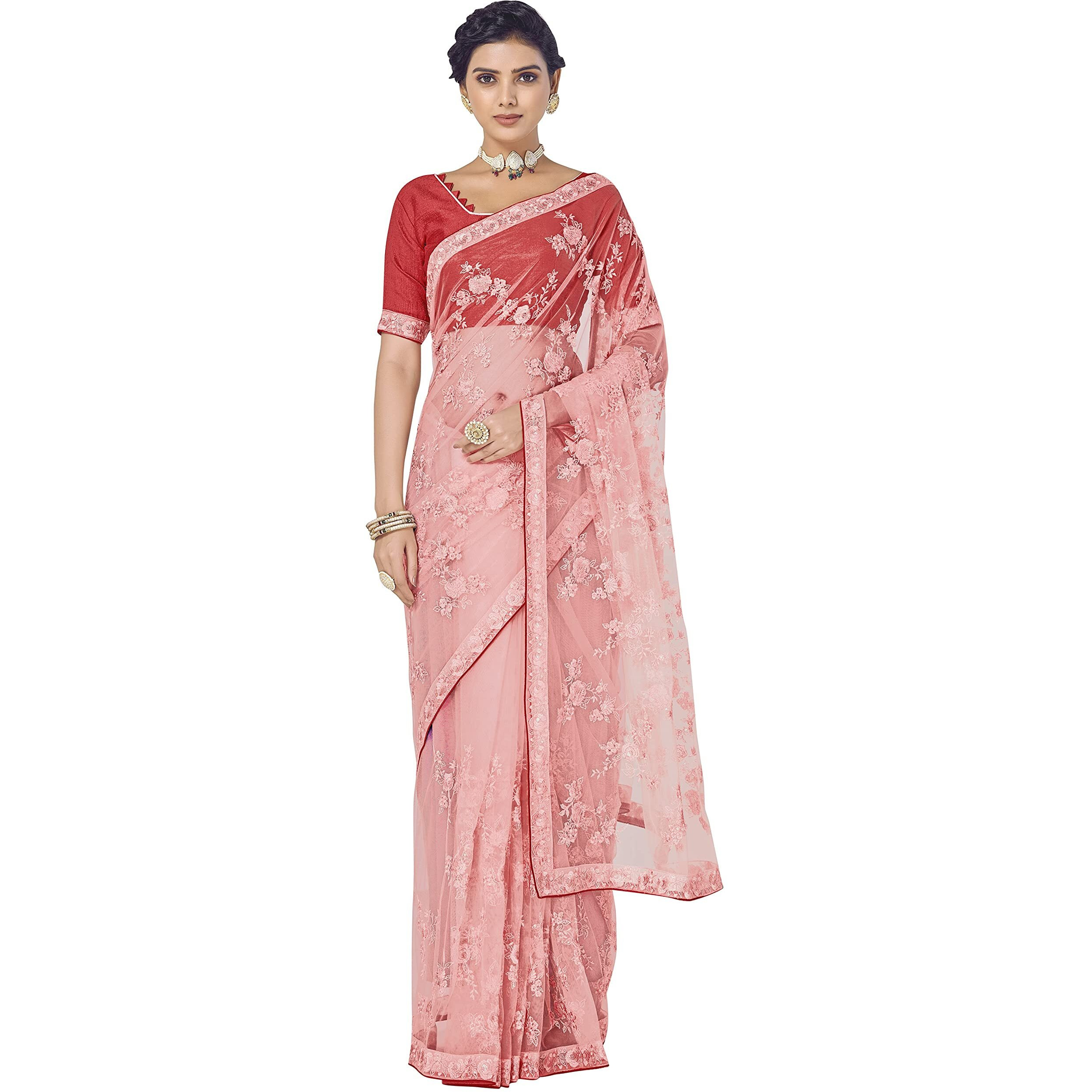 Glory Sarees Women's Net Saree With Embroidery Work (Gs_Luxury131_Pink)