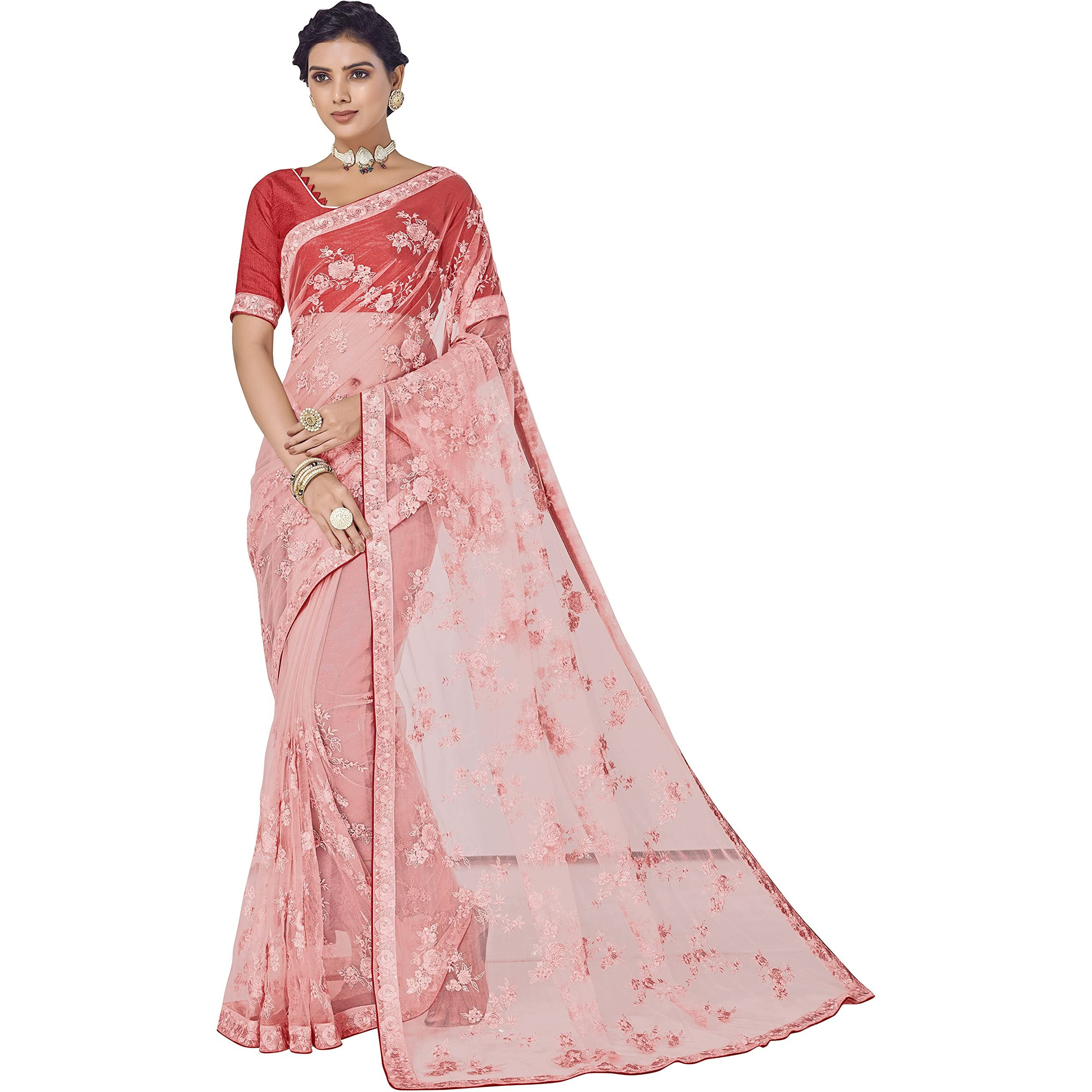 Glory Sarees Women's Net Saree With Embroidery Work (Gs_Luxury131_Pink)